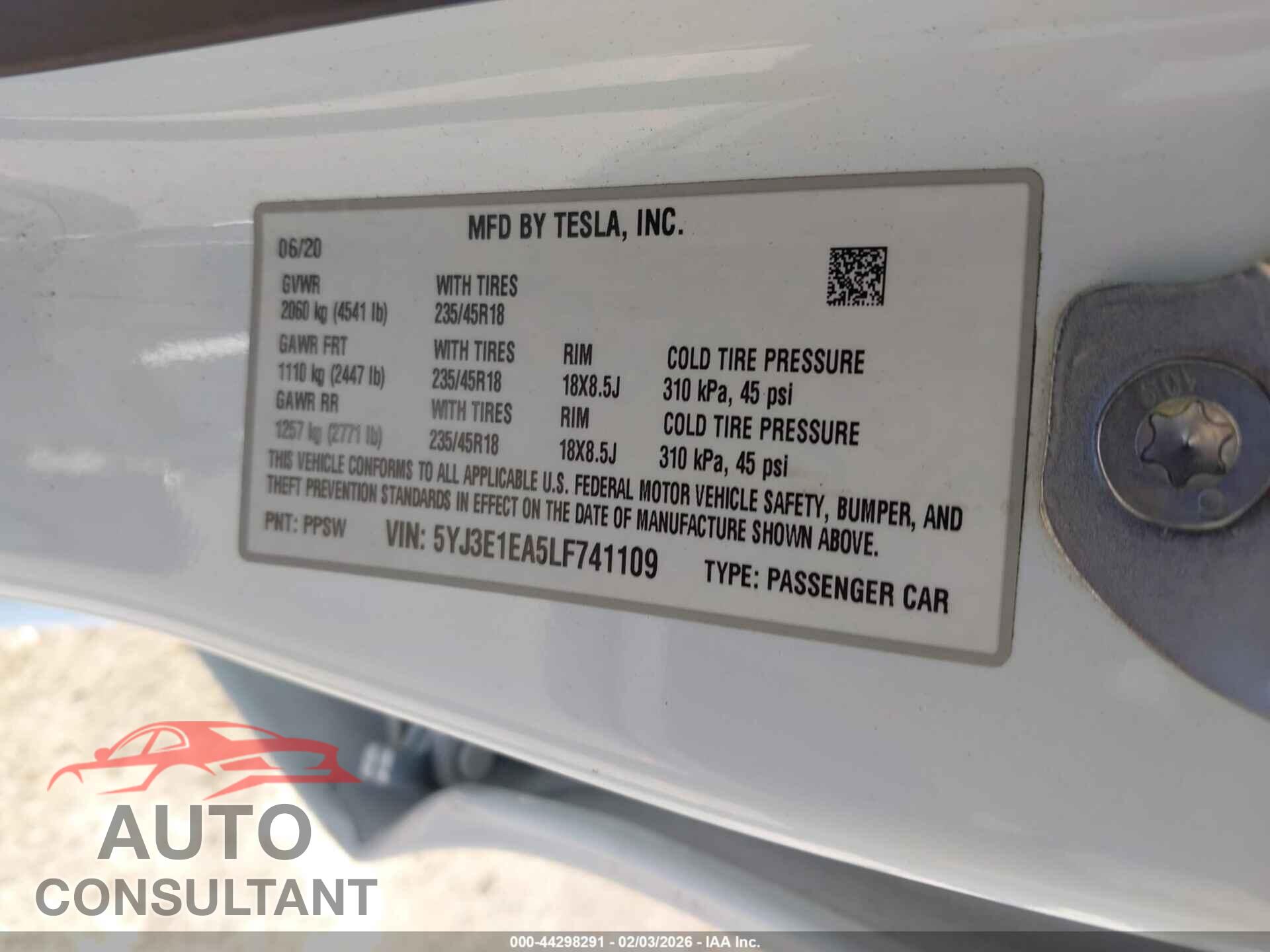 TESLA MODEL 3 2020 - 5YJ3E1EA5LF741109