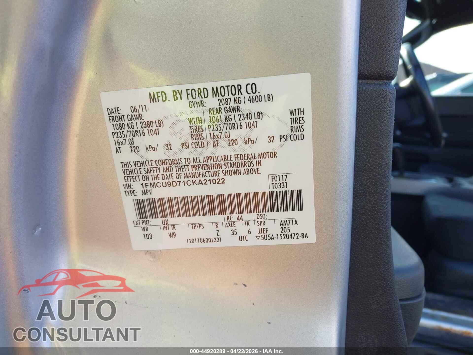FORD ESCAPE 2012 - 1FMCU9D71CKA21022
