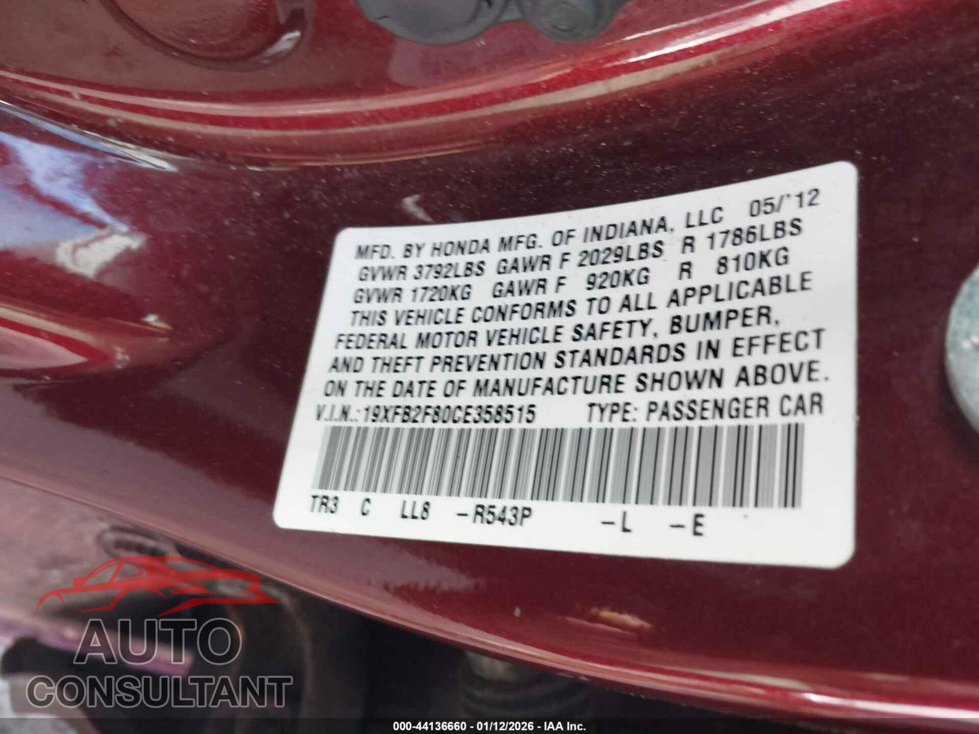 HONDA CIVIC 2012 - 19XFB2F80CE358515