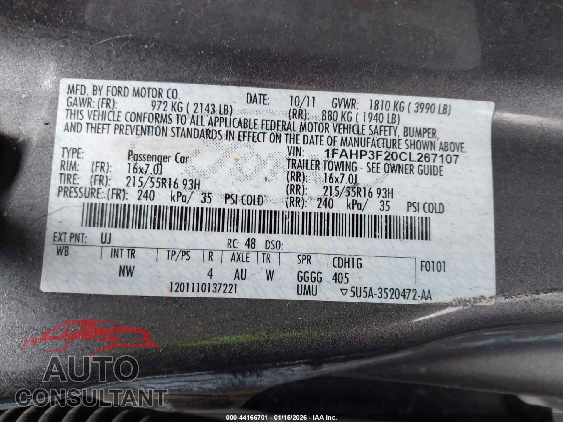 FORD FOCUS 2012 - 1FAHP3F20CL267107