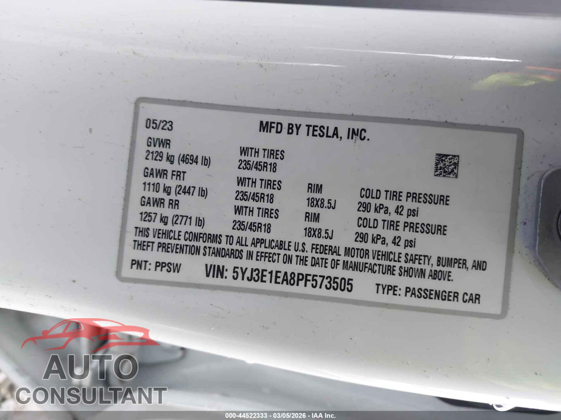TESLA MODEL 3 2023 - 5YJ3E1EA8PF573505