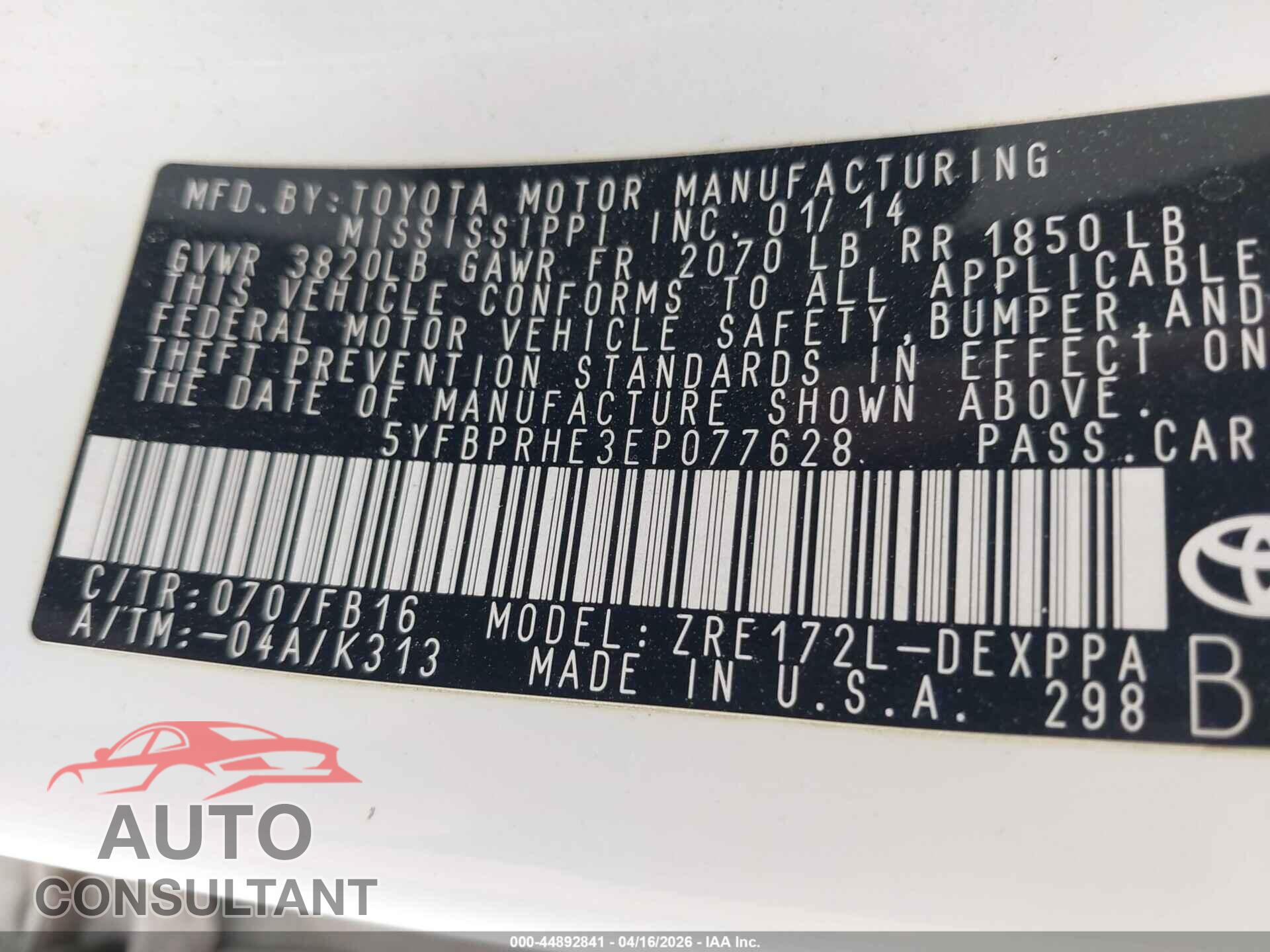 TOYOTA COROLLA 2014 - 5YFBPRHE3EP077628