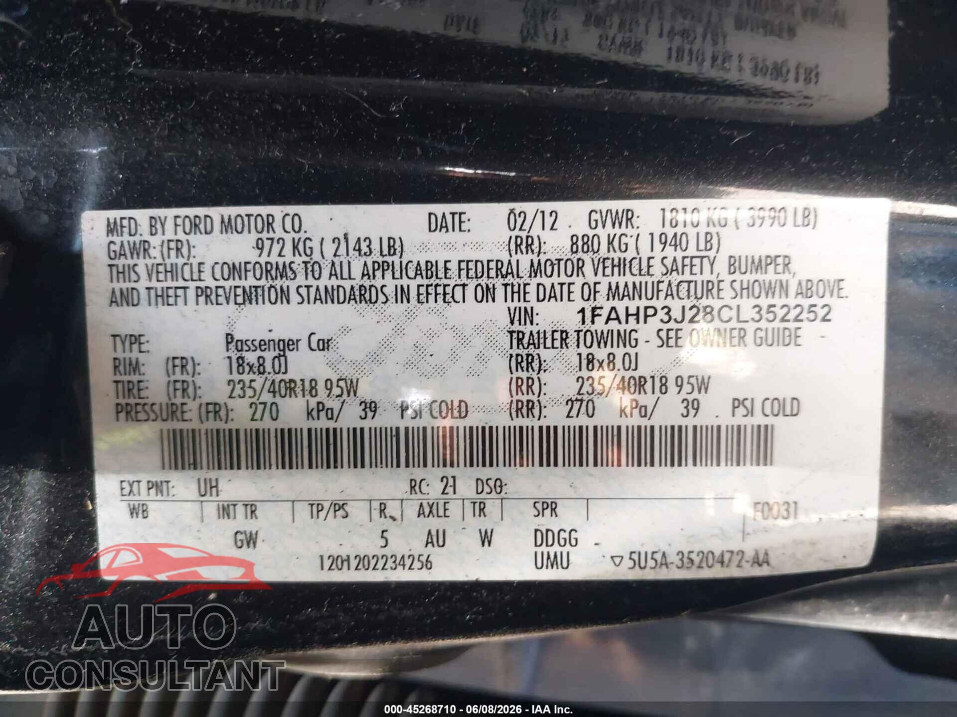 FORD FOCUS 2012 - 1FAHP3J28CL352252