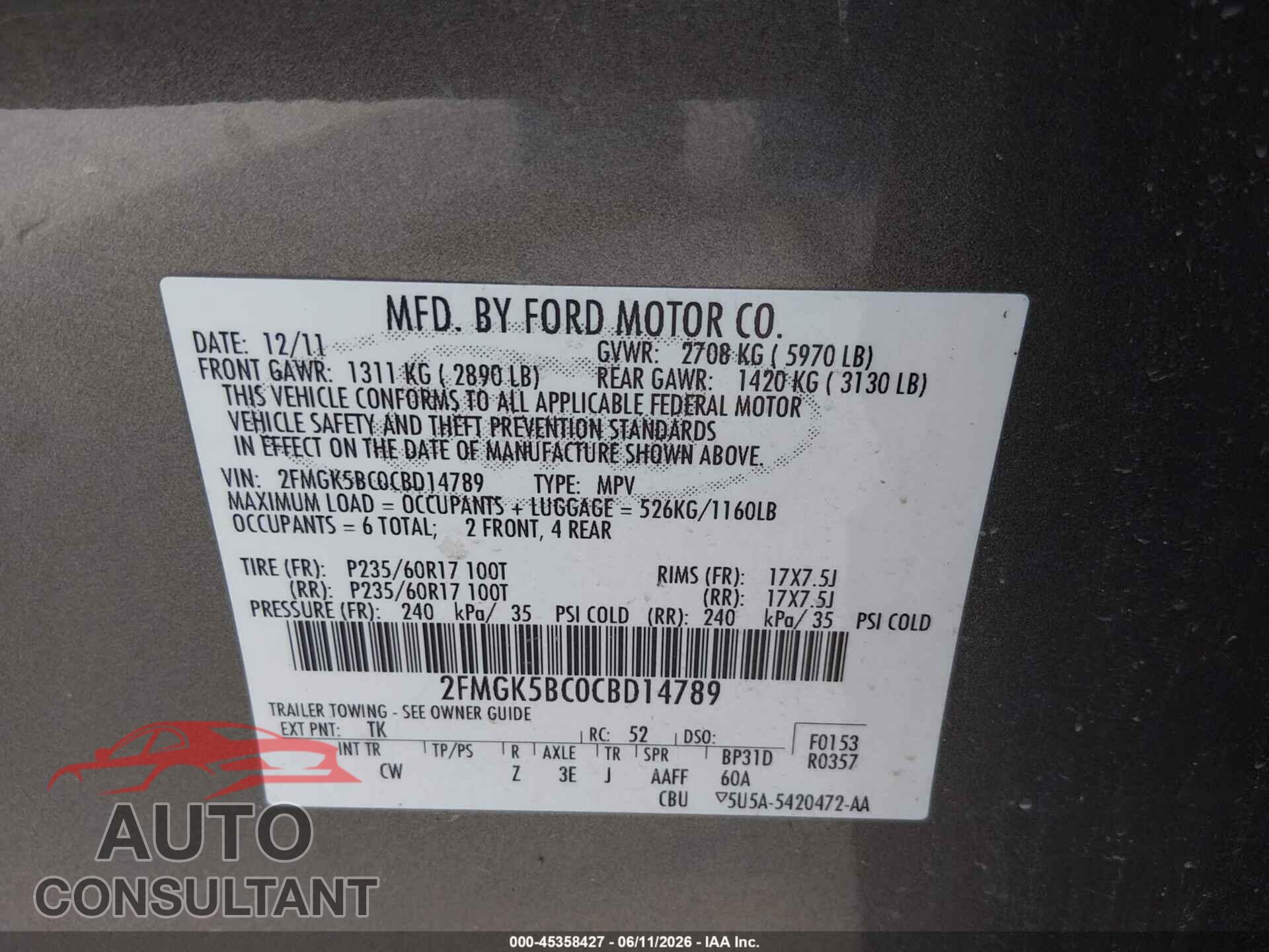 FORD FLEX 2012 - 2FMGK5BC0CBD14789