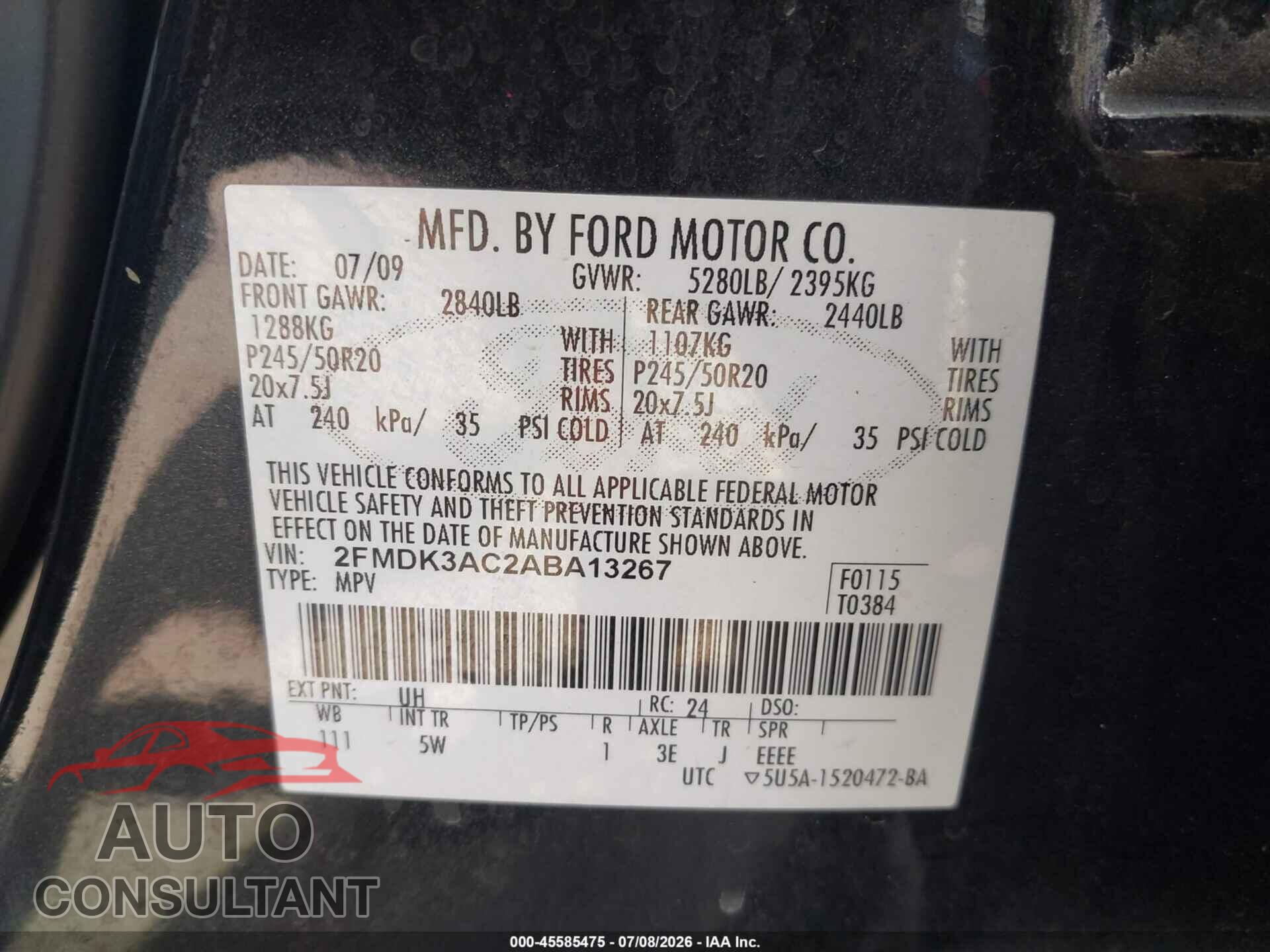 FORD EDGE 2010 - 2FMDK3AC2ABA13267