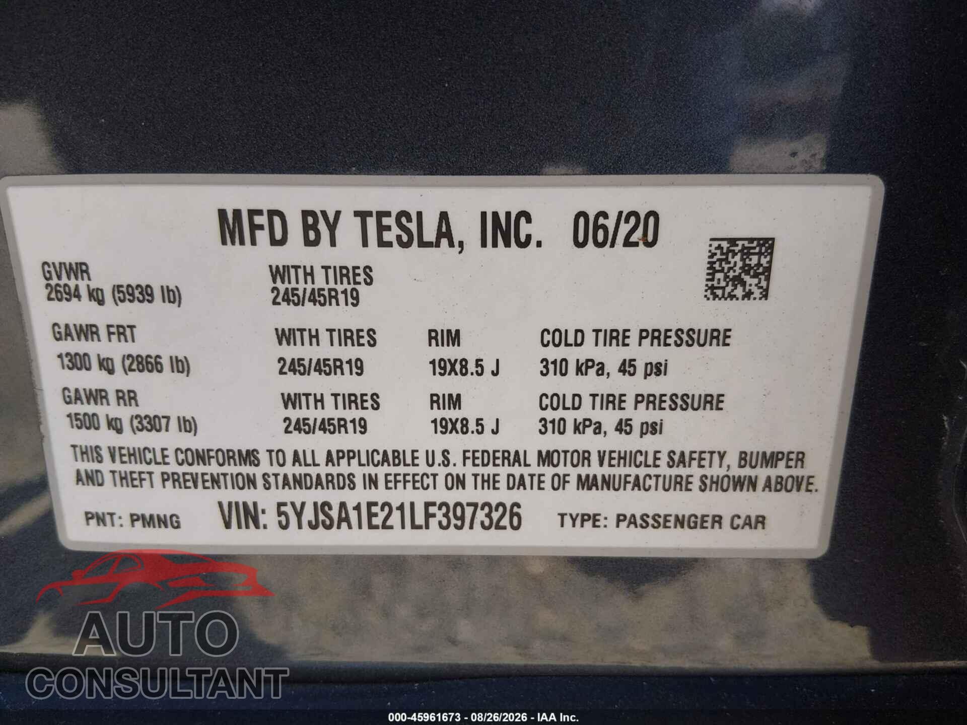 TESLA MODEL S 2020 - 5YJSA1E21LF397326