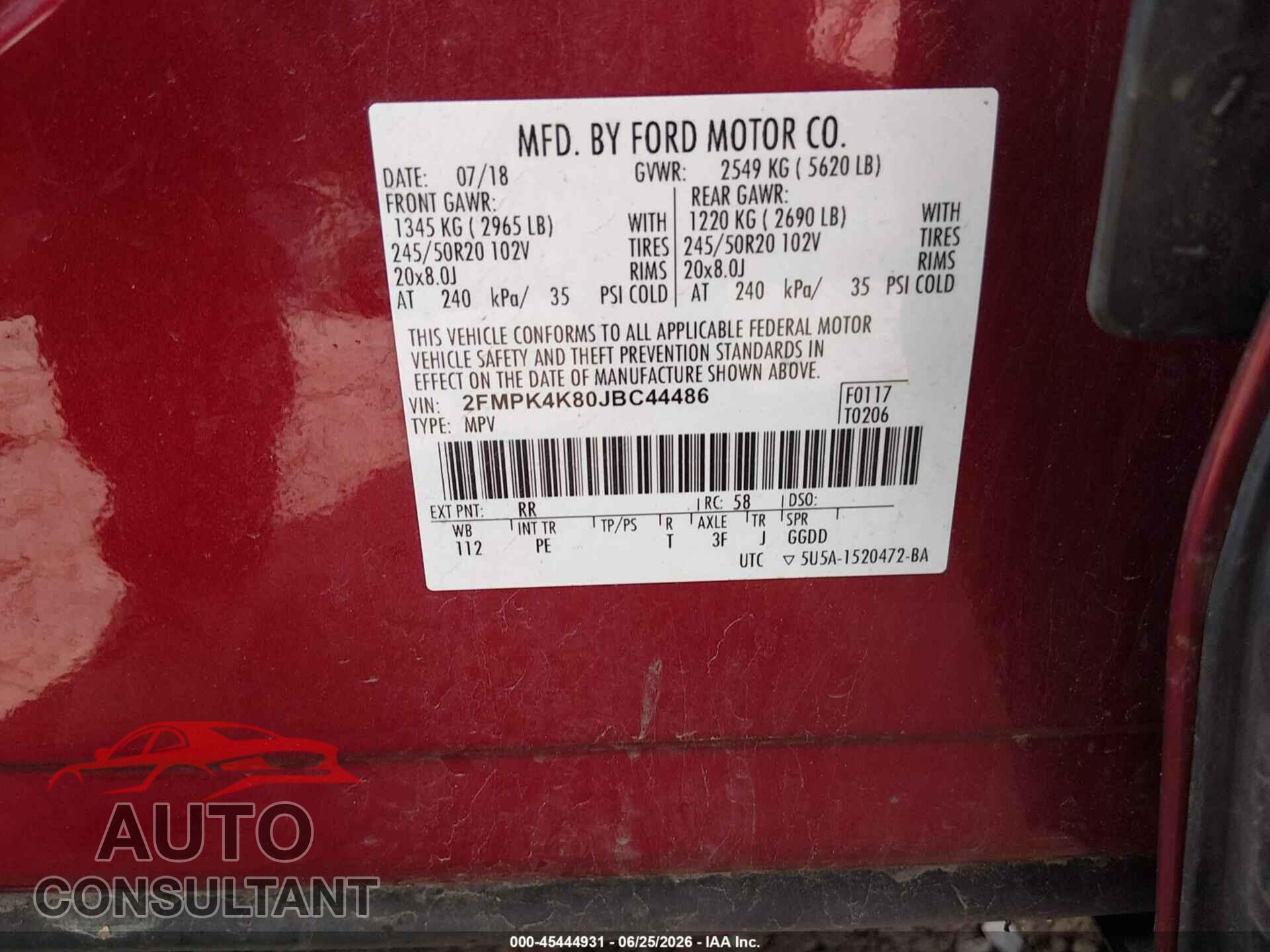 FORD EDGE 2018 - 2FMPK4K80JBC44486