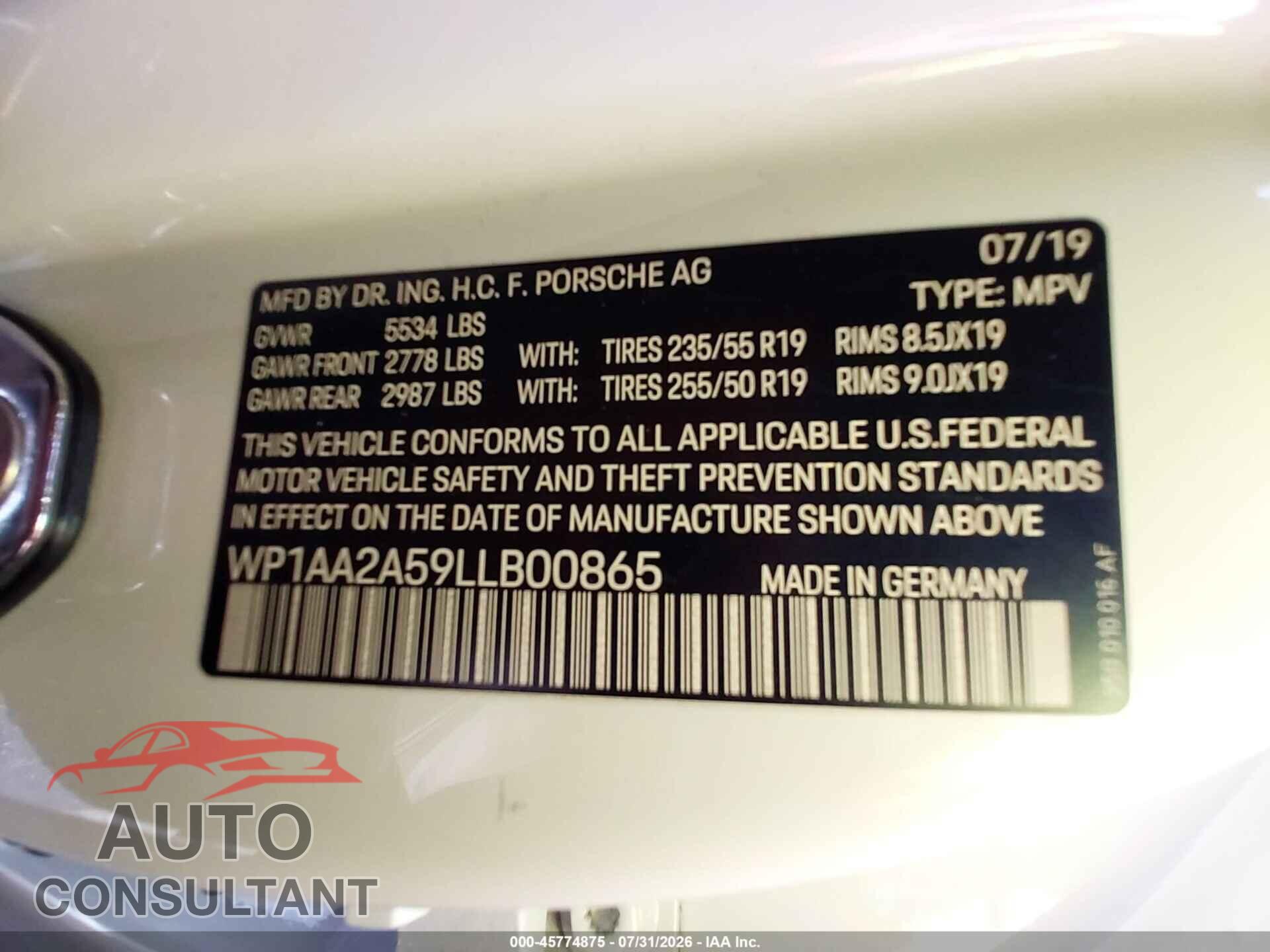 PORSCHE MACAN 2020 - WP1AA2A59LLB00865