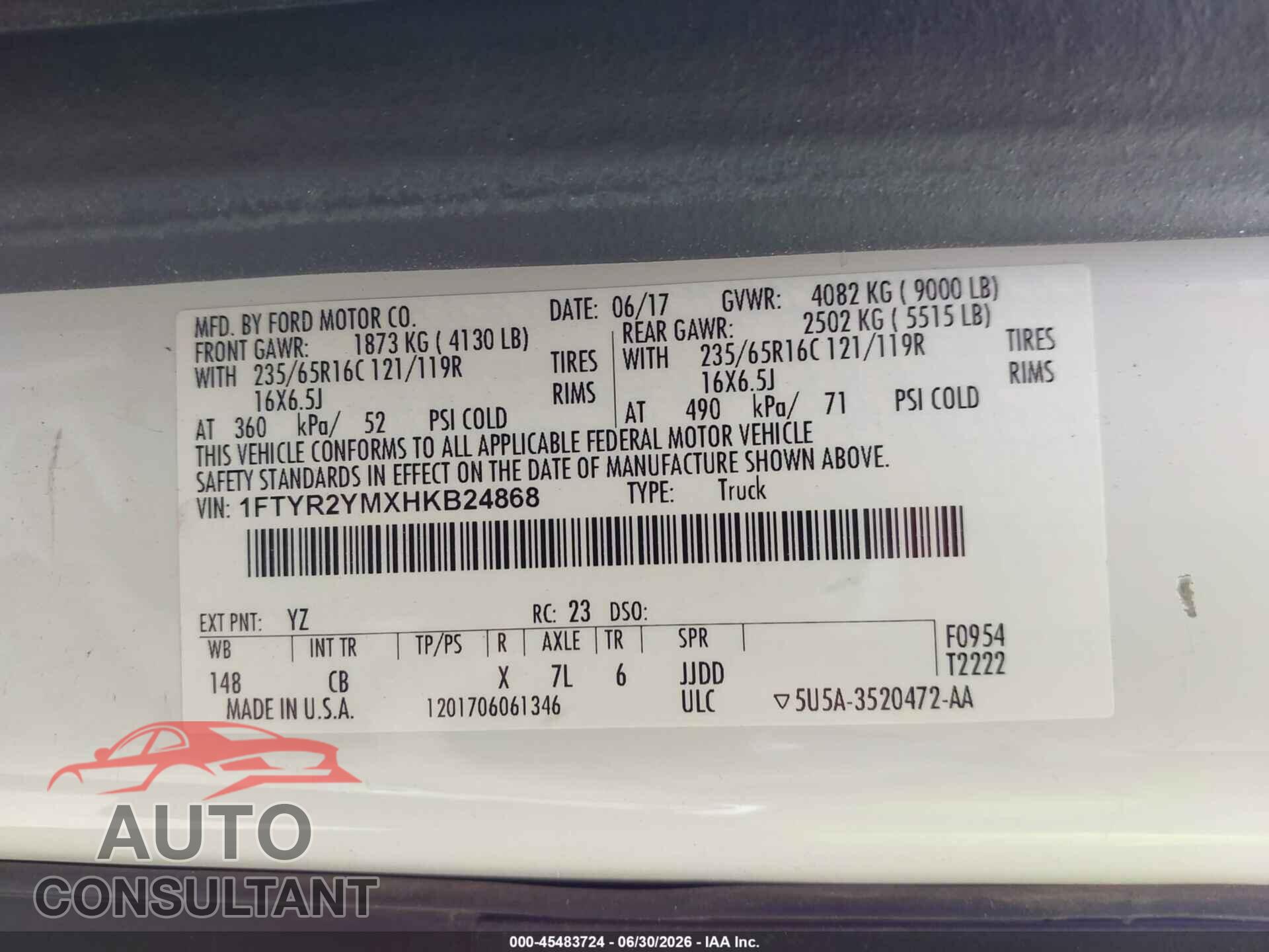 FORD TRANSIT-250 2017 - 1FTYR2YMXHKB24868