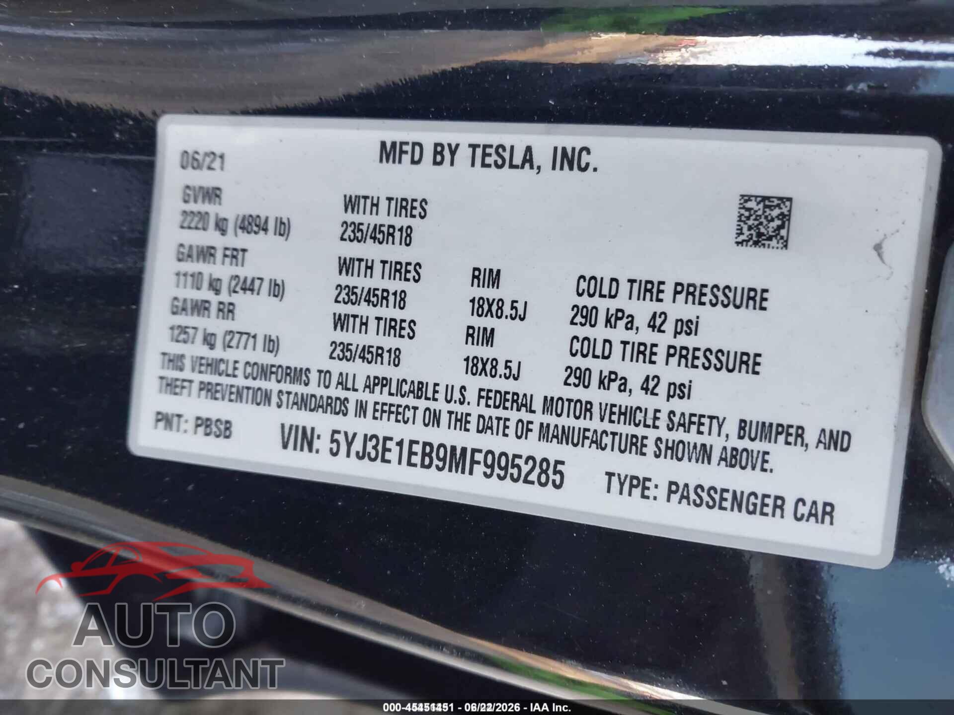 TESLA MODEL 3 2021 - 5YJ3E1EB9MF995285