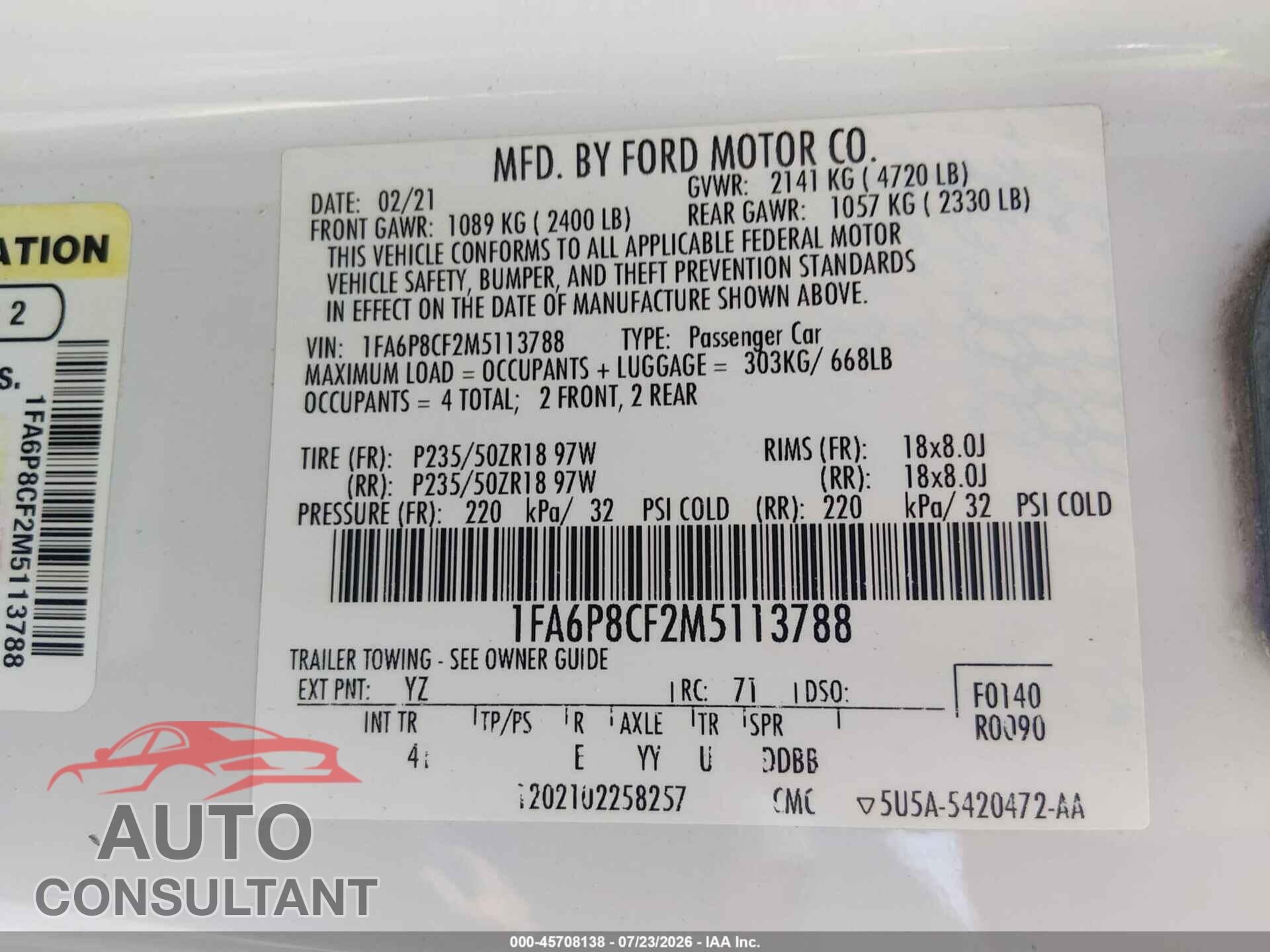 FORD MUSTANG 2021 - 1FA6P8CF2M5113788