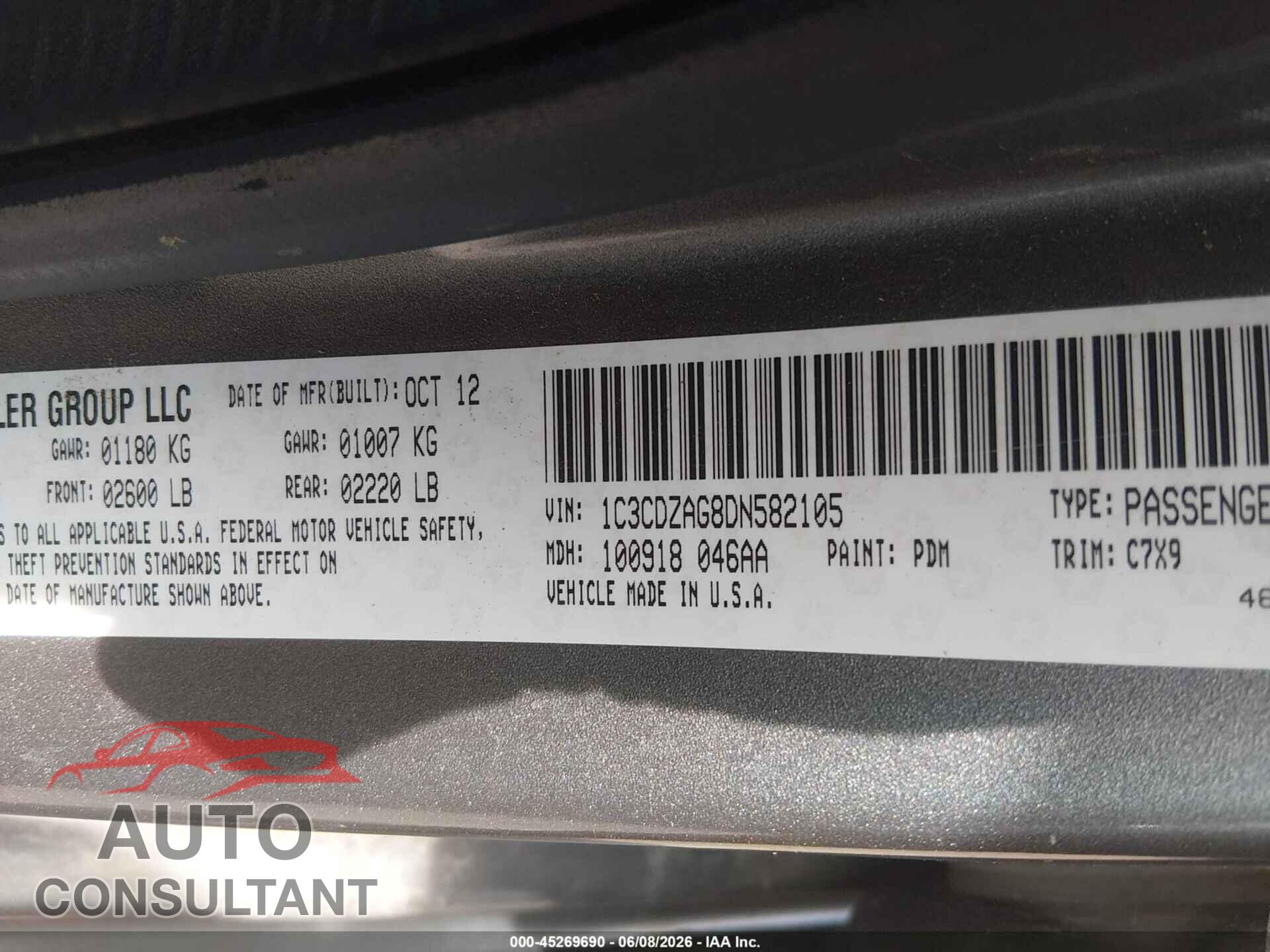 DODGE AVENGER 2013 - 1C3CDZAG8DN582105