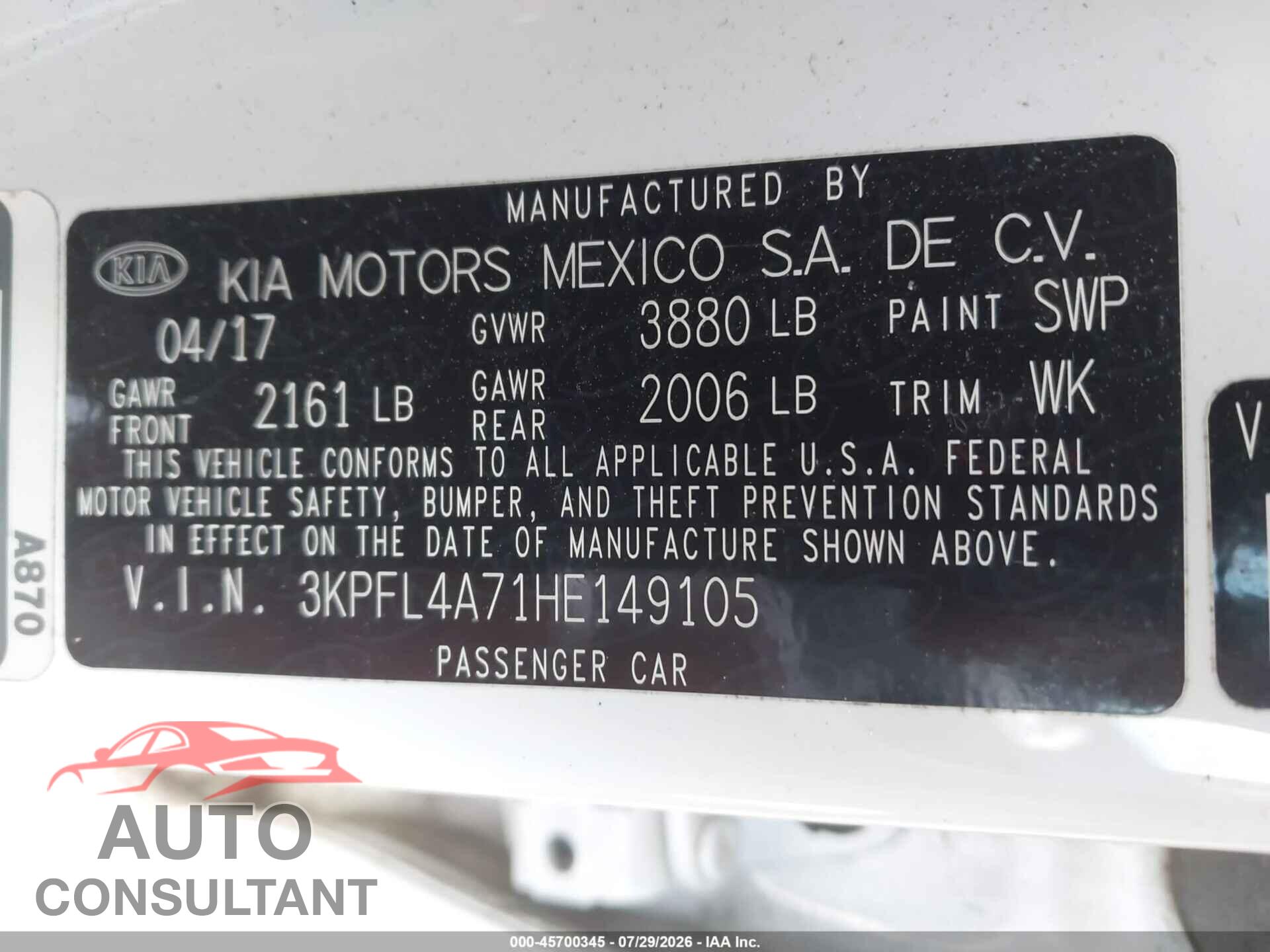 KIA FORTE 2017 - 3KPFL4A71HE149105