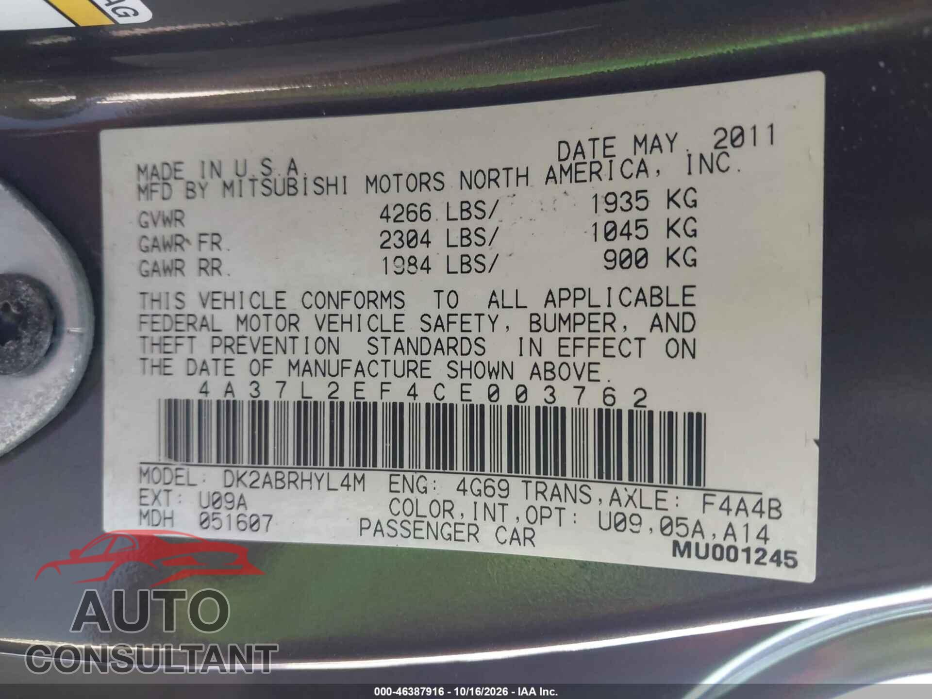 MITSUBISHI ECLIPSE SPYDER 2012 - 4A37L2EF4CE003762