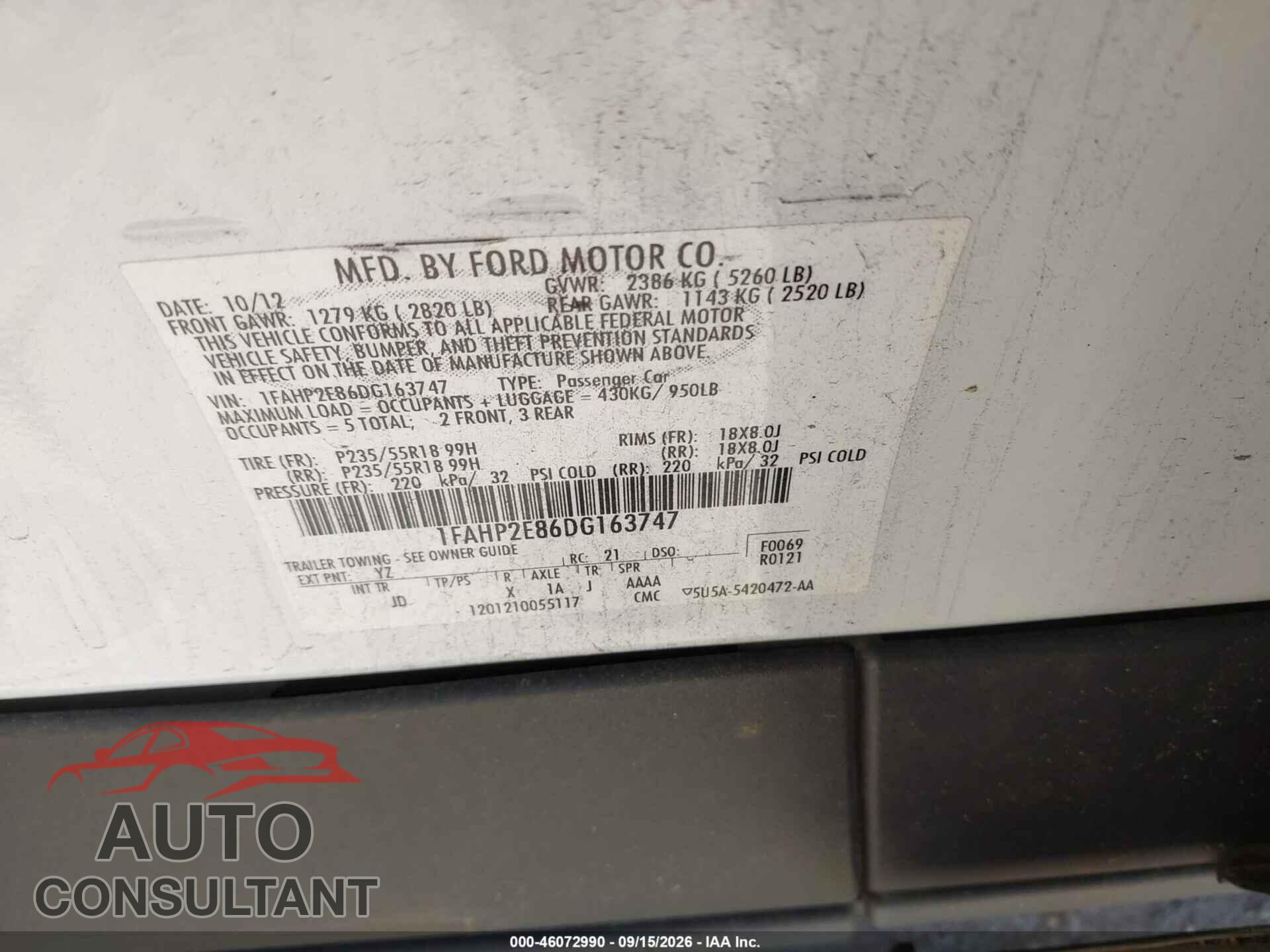 FORD TAURUS 2013 - 1FAHP2E86DG163747