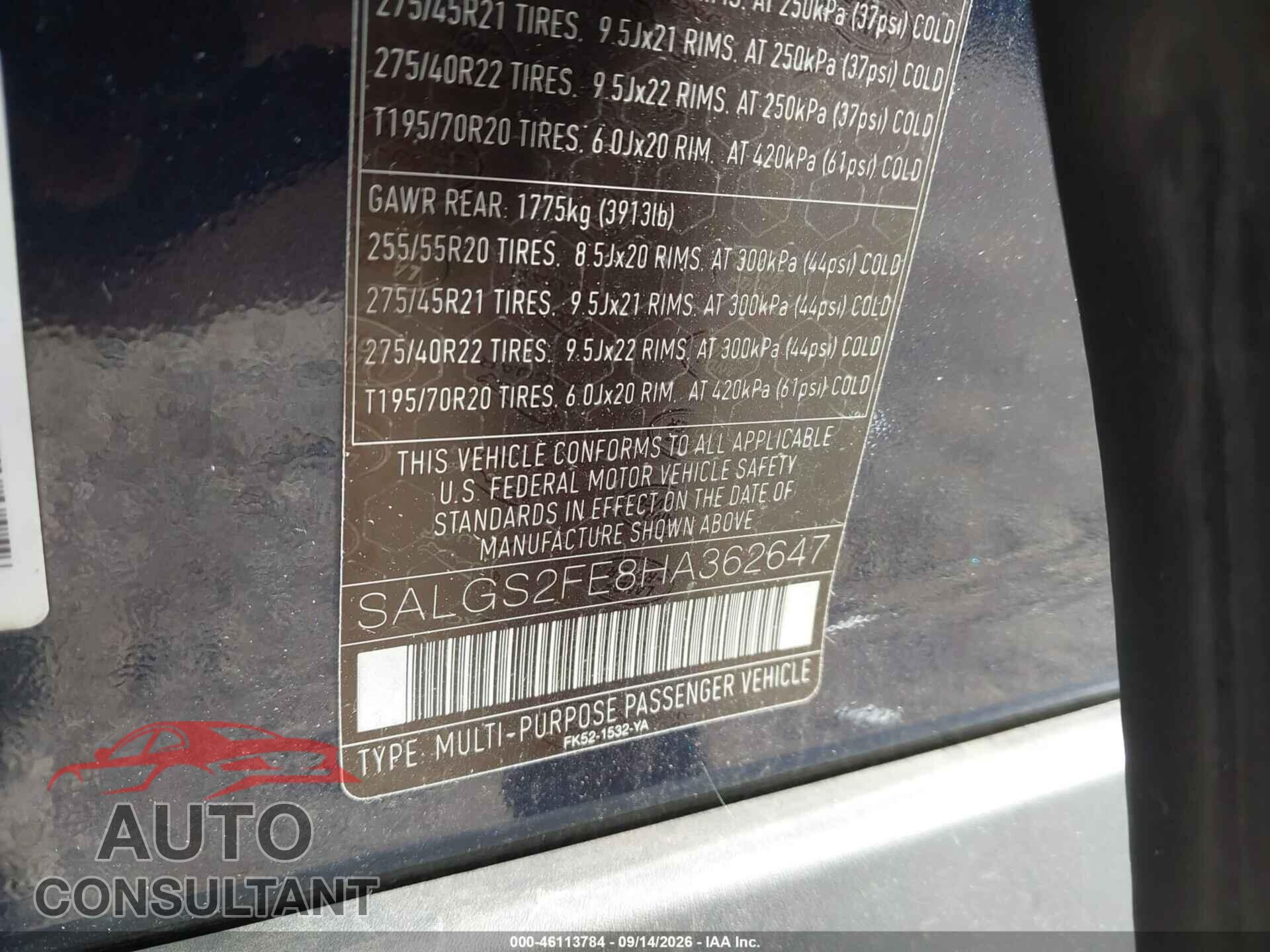 LAND ROVER RANGE ROVER 2017 - SALGS2FE8HA362647