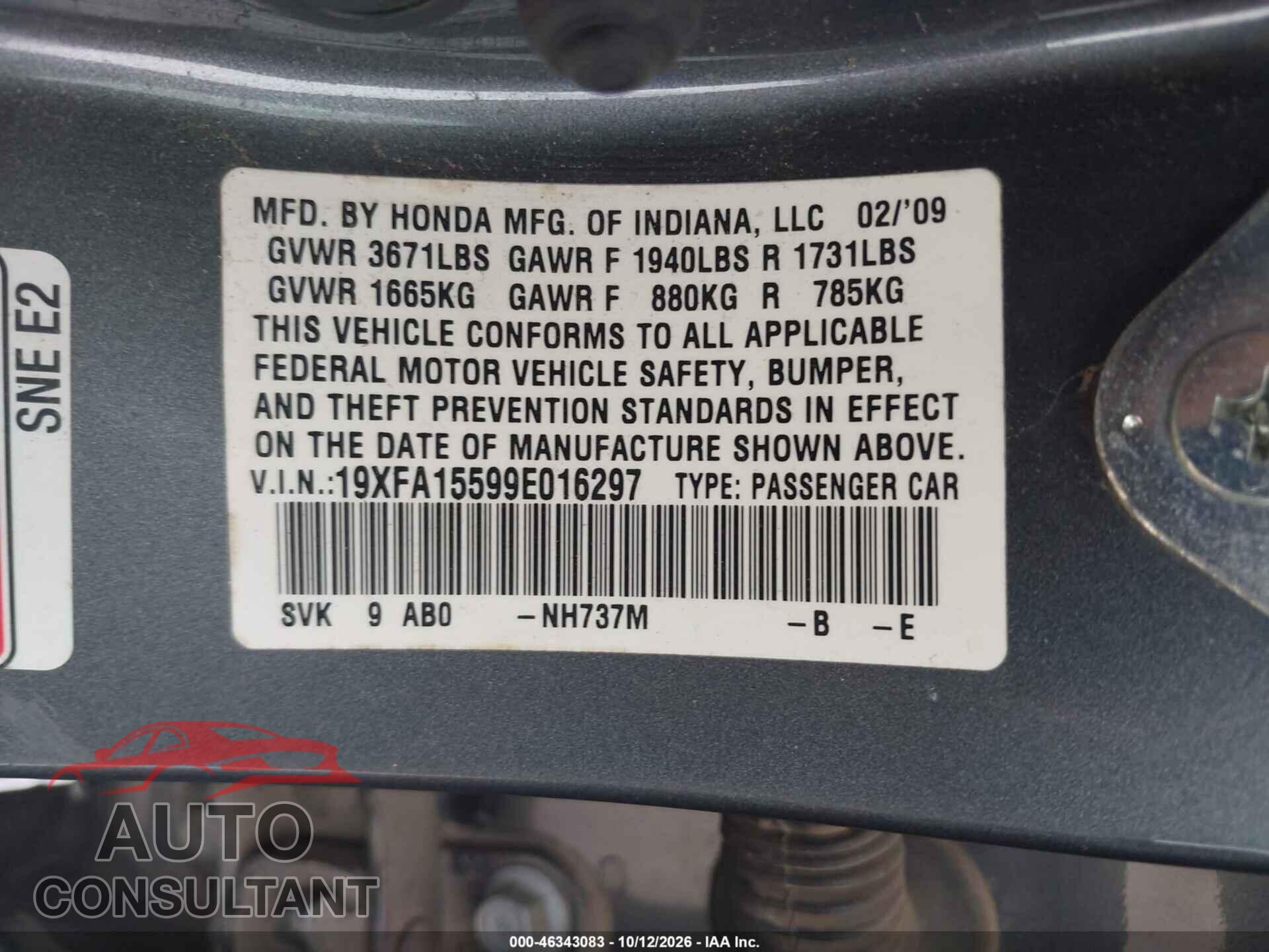 HONDA CIVIC 2009 - 19XFA15599E016297