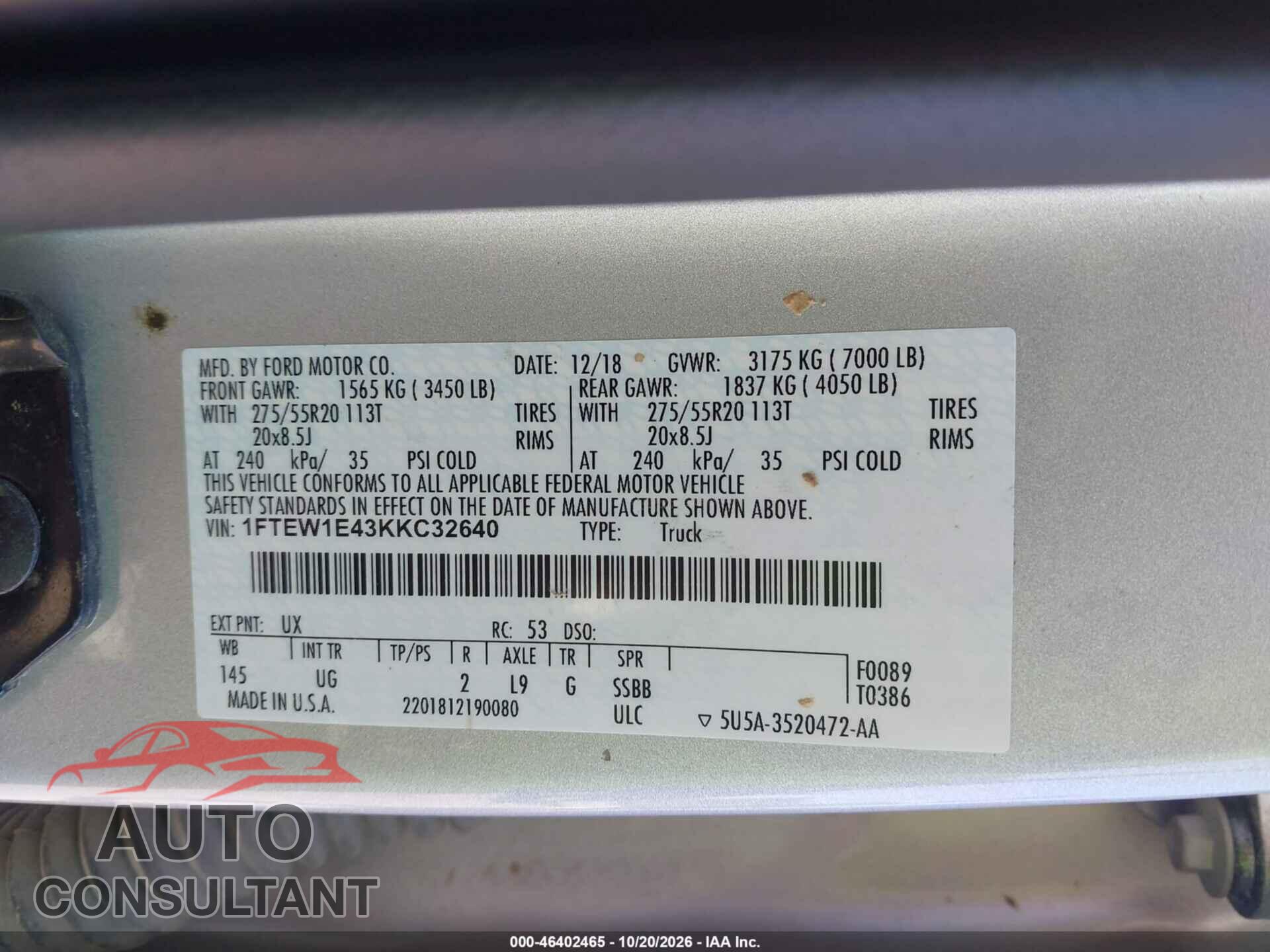 FORD F-150 2019 - 1FTEW1E43KKC32640
