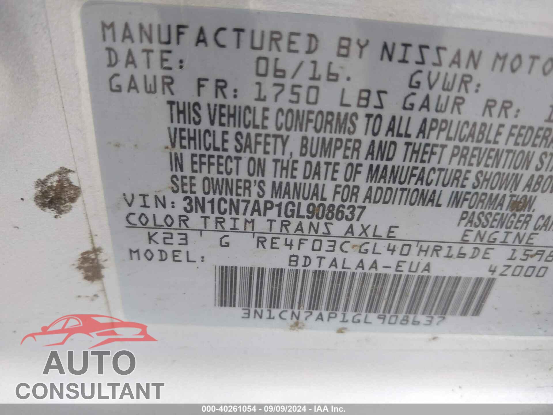 NISSAN VERSA 2016 - 3N1CN7AP1GL908637