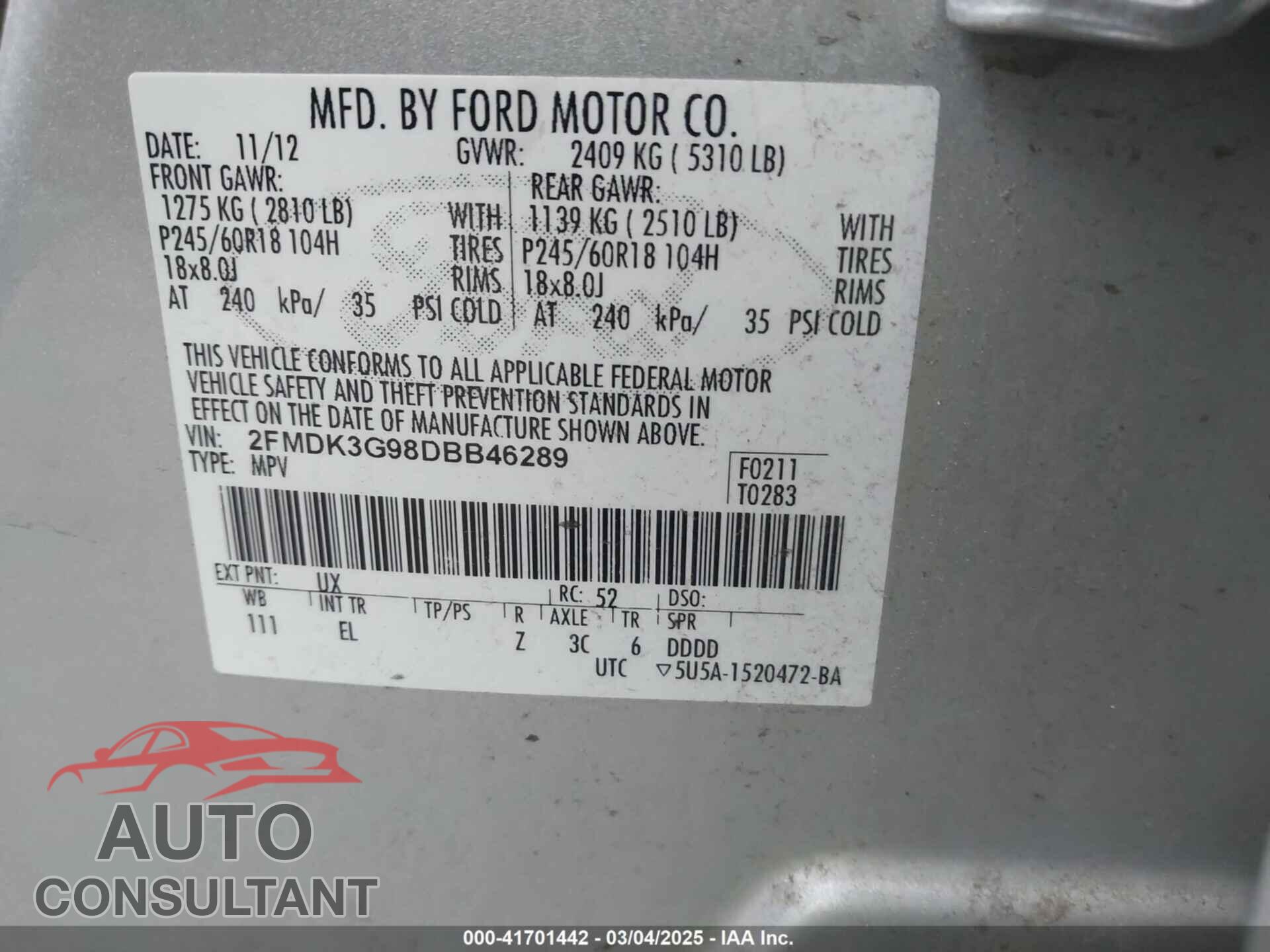 FORD EDGE 2013 - 2FMDK3G98DBB46289