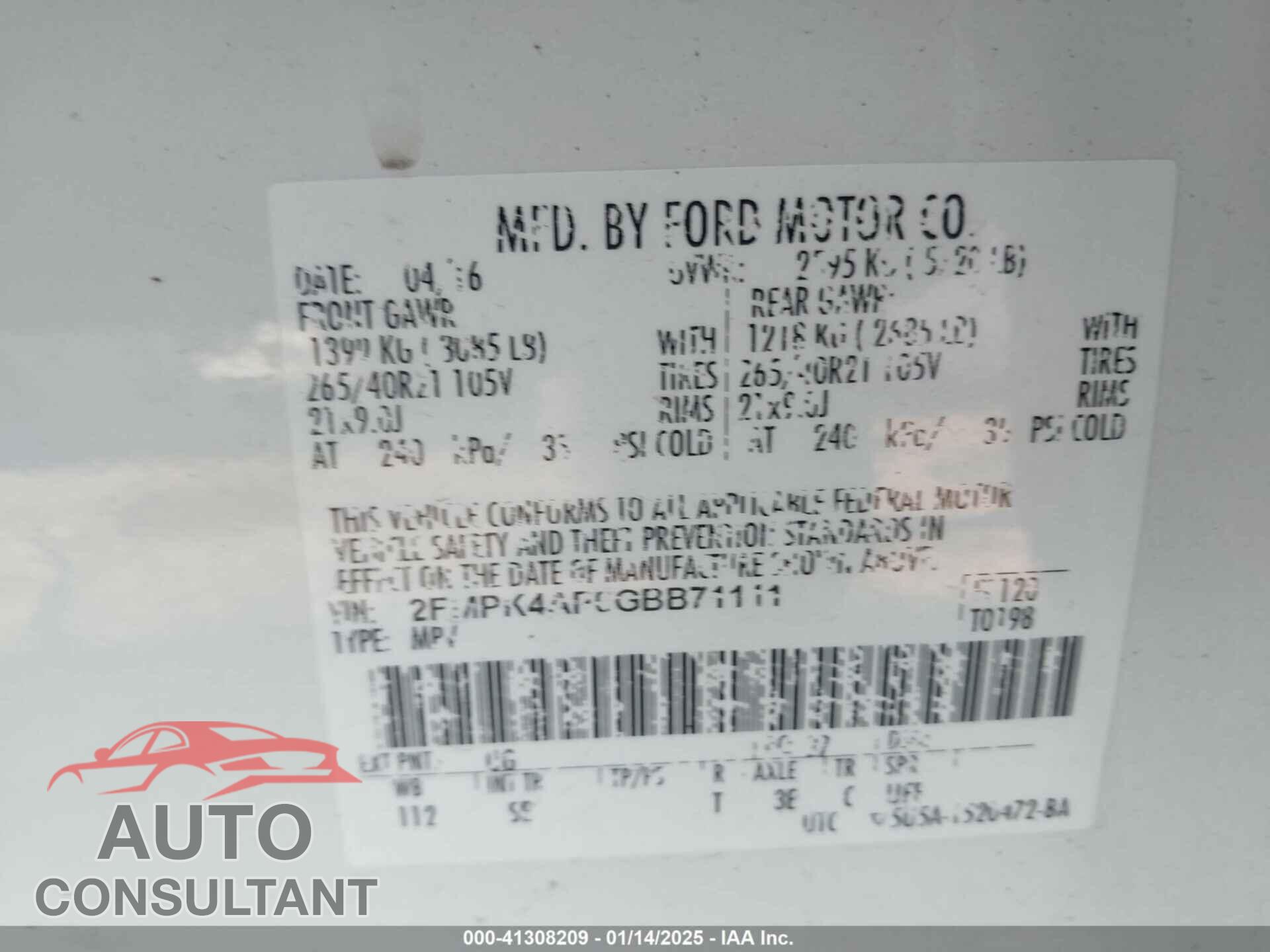 FORD EDGE 2016 - 2FMPK4AP6GBB71111