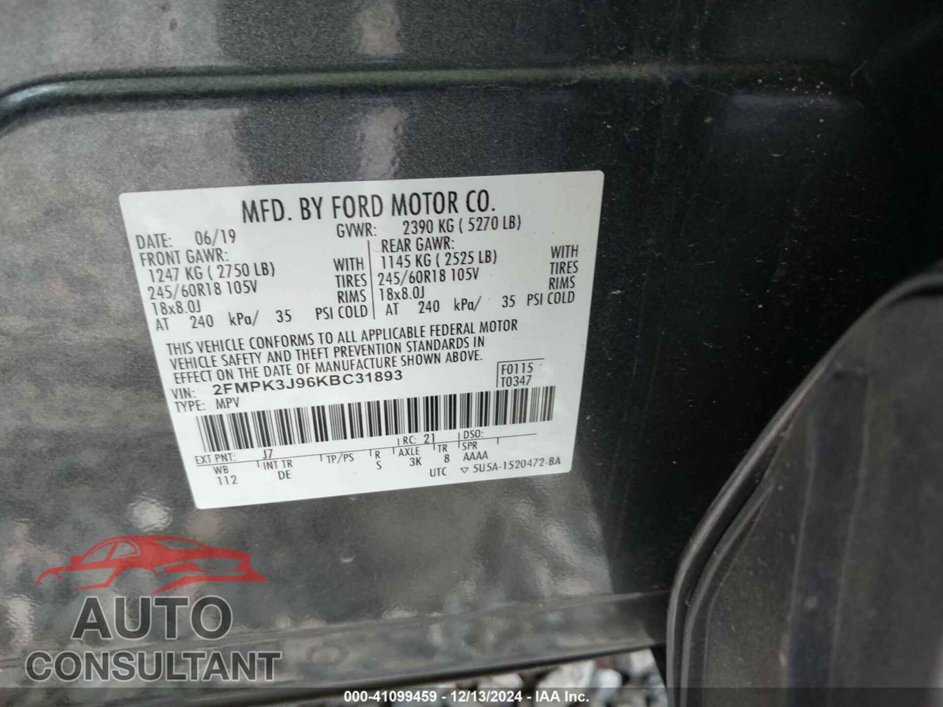 FORD EDGE 2019 - 2FMPK3J96KBC31893