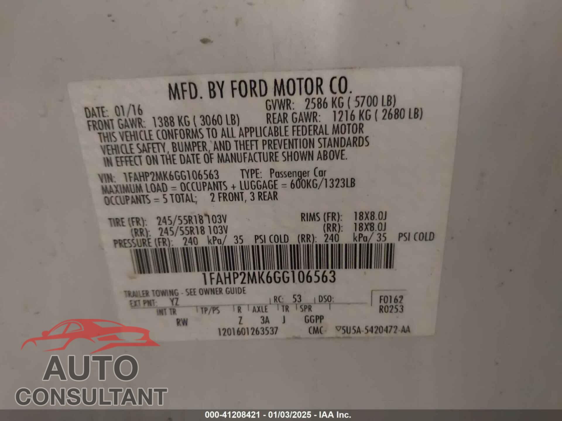 FORD TAURUS 2016 - 1FAHP2MK6GG106563