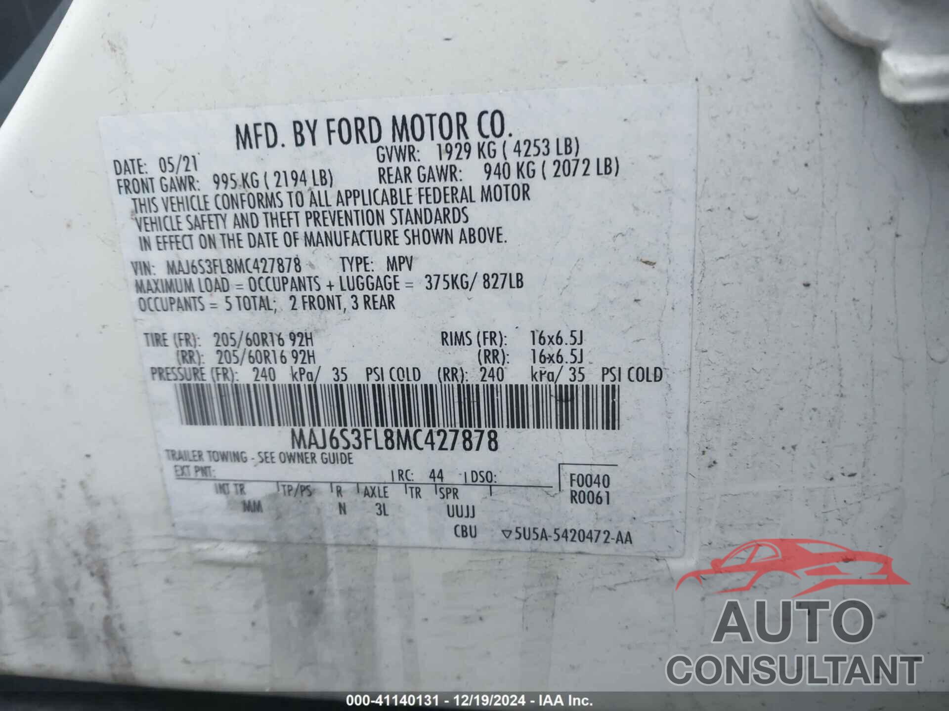 FORD ECOSPORT 2021 - MAJ6S3FL8MC427878