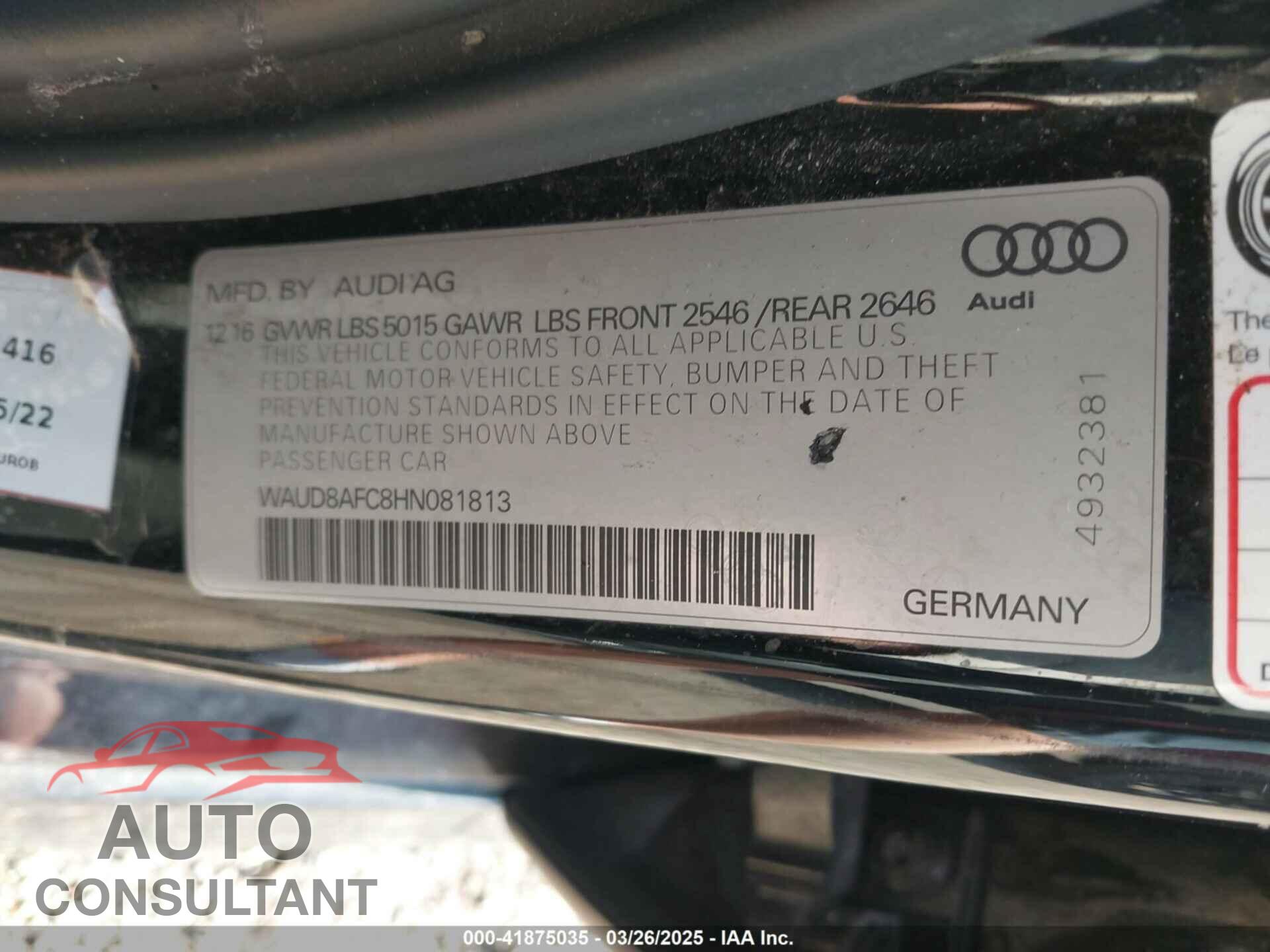 AUDI A6 2017 - WAUD8AFC8HN081813