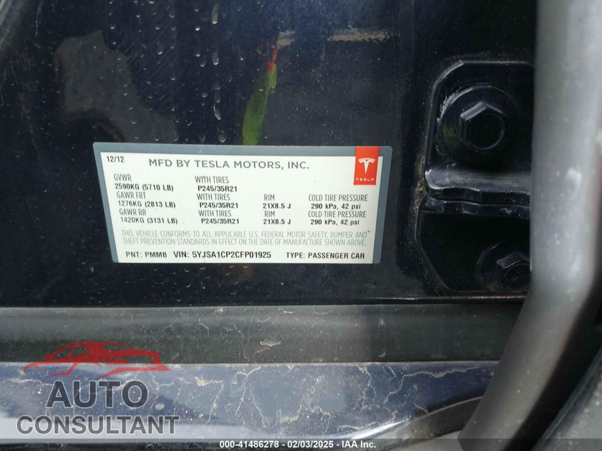 TESLA MODEL S 2012 - 5YJSA1CP2CFP01925