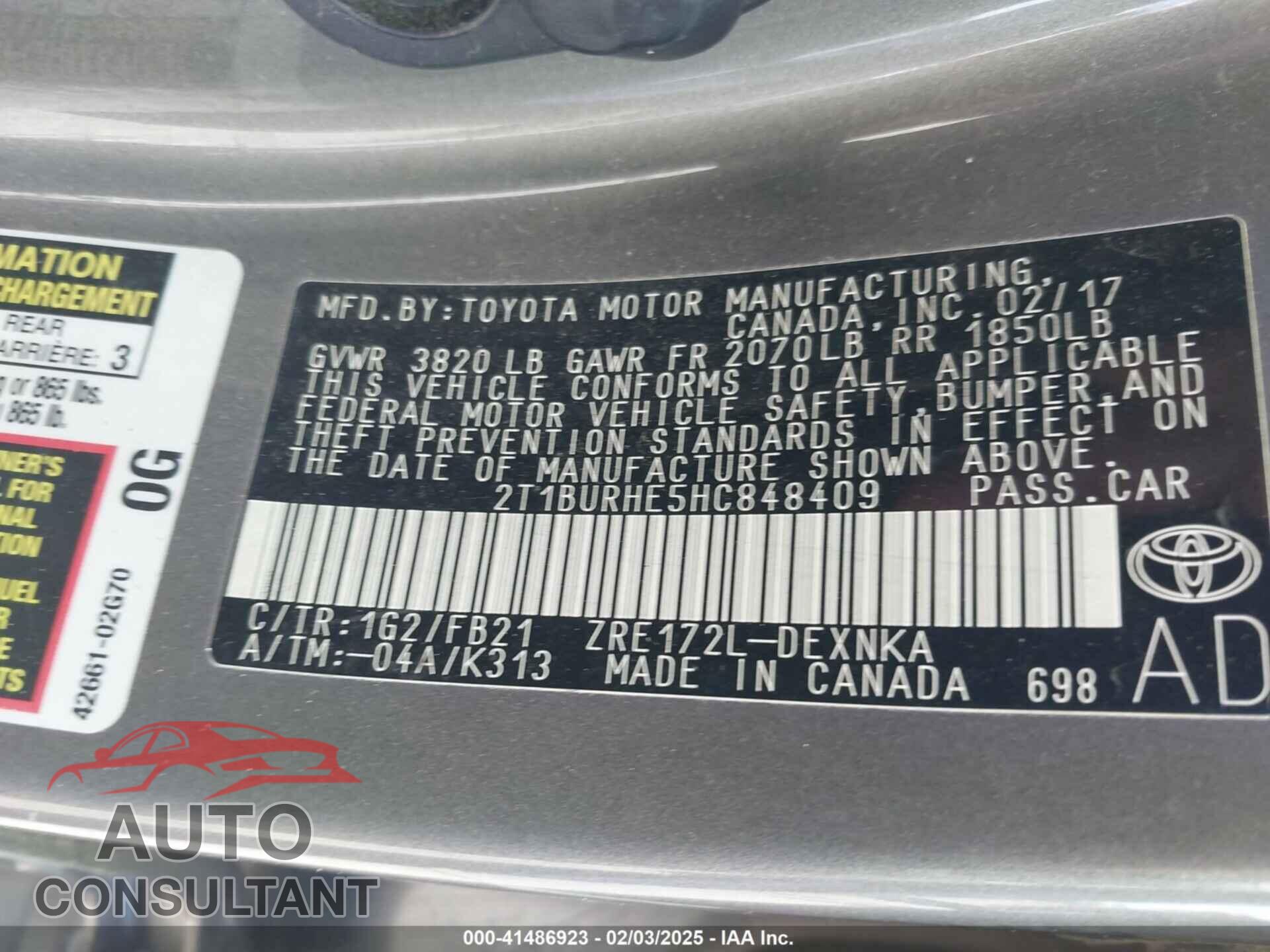 TOYOTA COROLLA 2017 - 2T1BURHE5HC848409