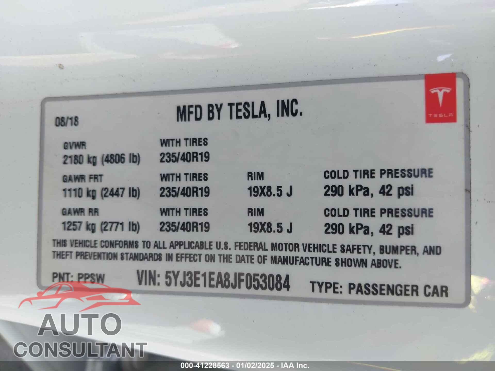 TESLA MODEL 3 2018 - 5YJ3E1EA8JF053084