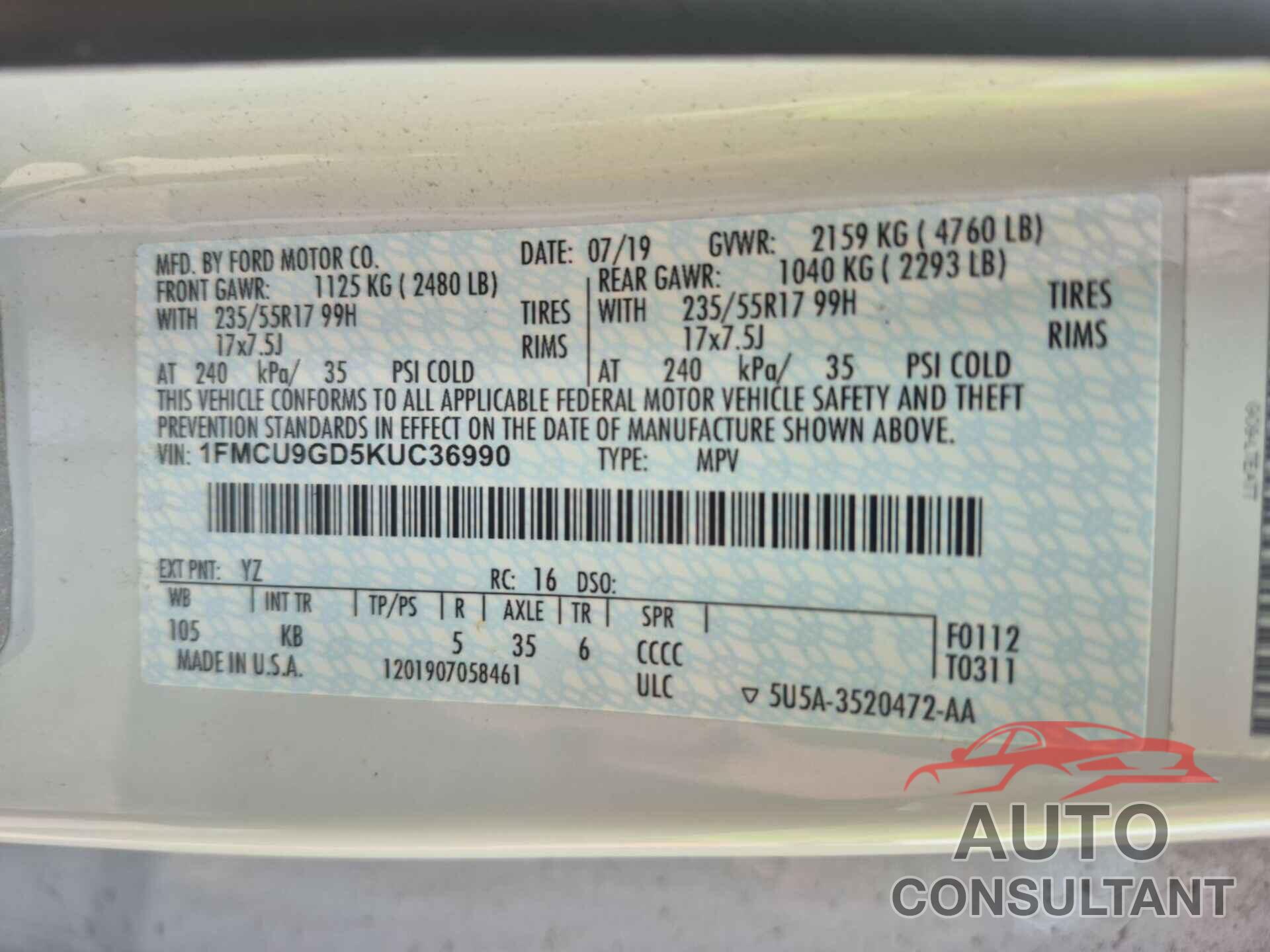 FORD ESCAPE 2019 - 1FMCU9GD5KUC36990