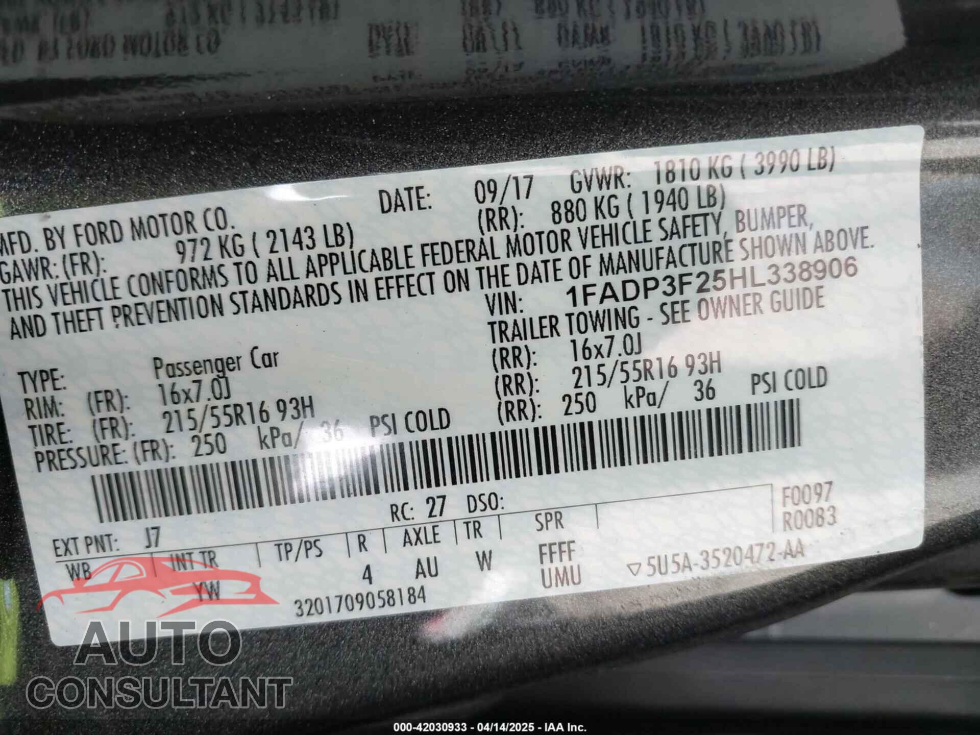 FORD FOCUS 2017 - 1FADP3F25HL338906
