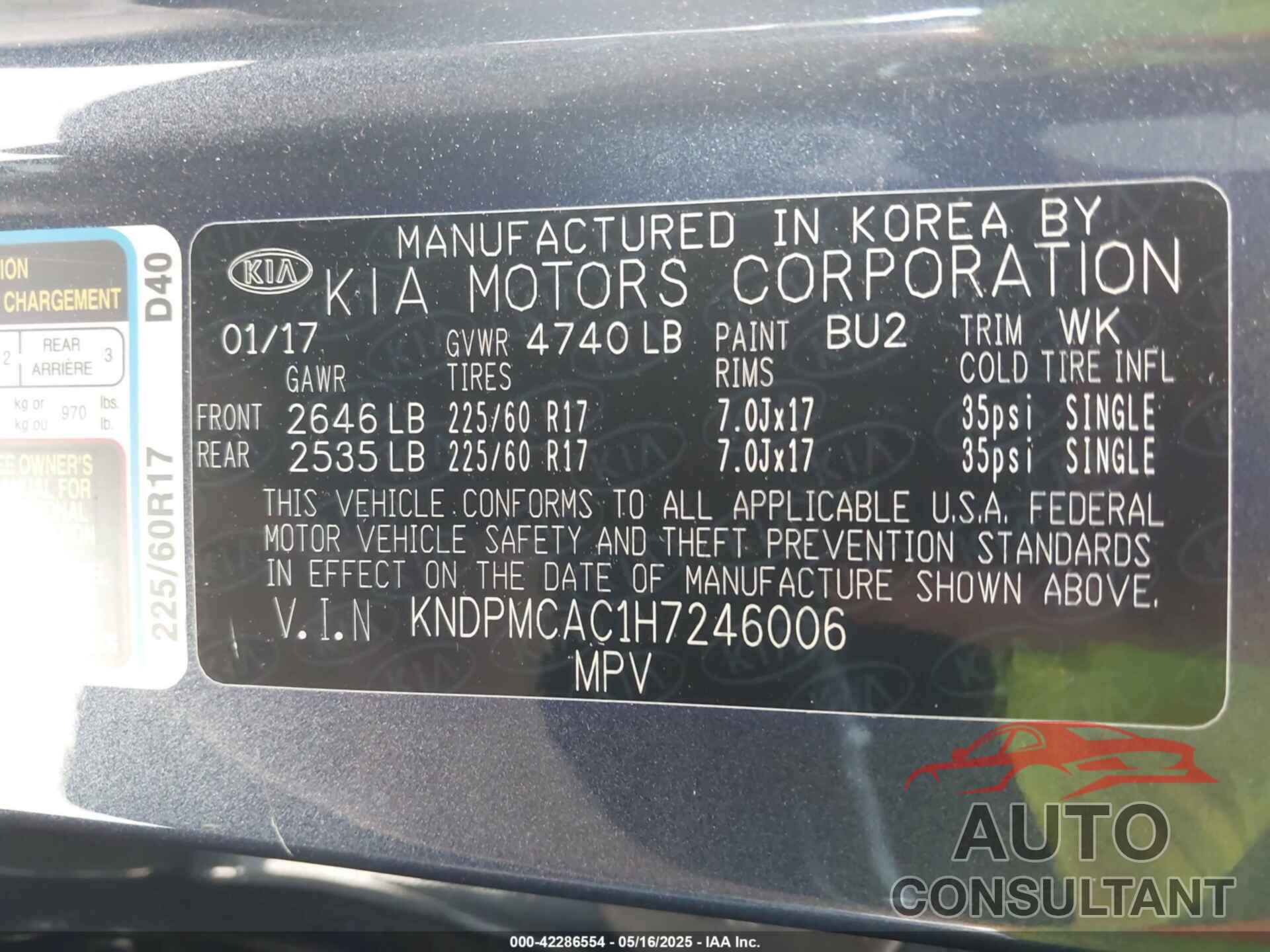 KIA SPORTAGE 2017 - KNDPMCAC1H7246006