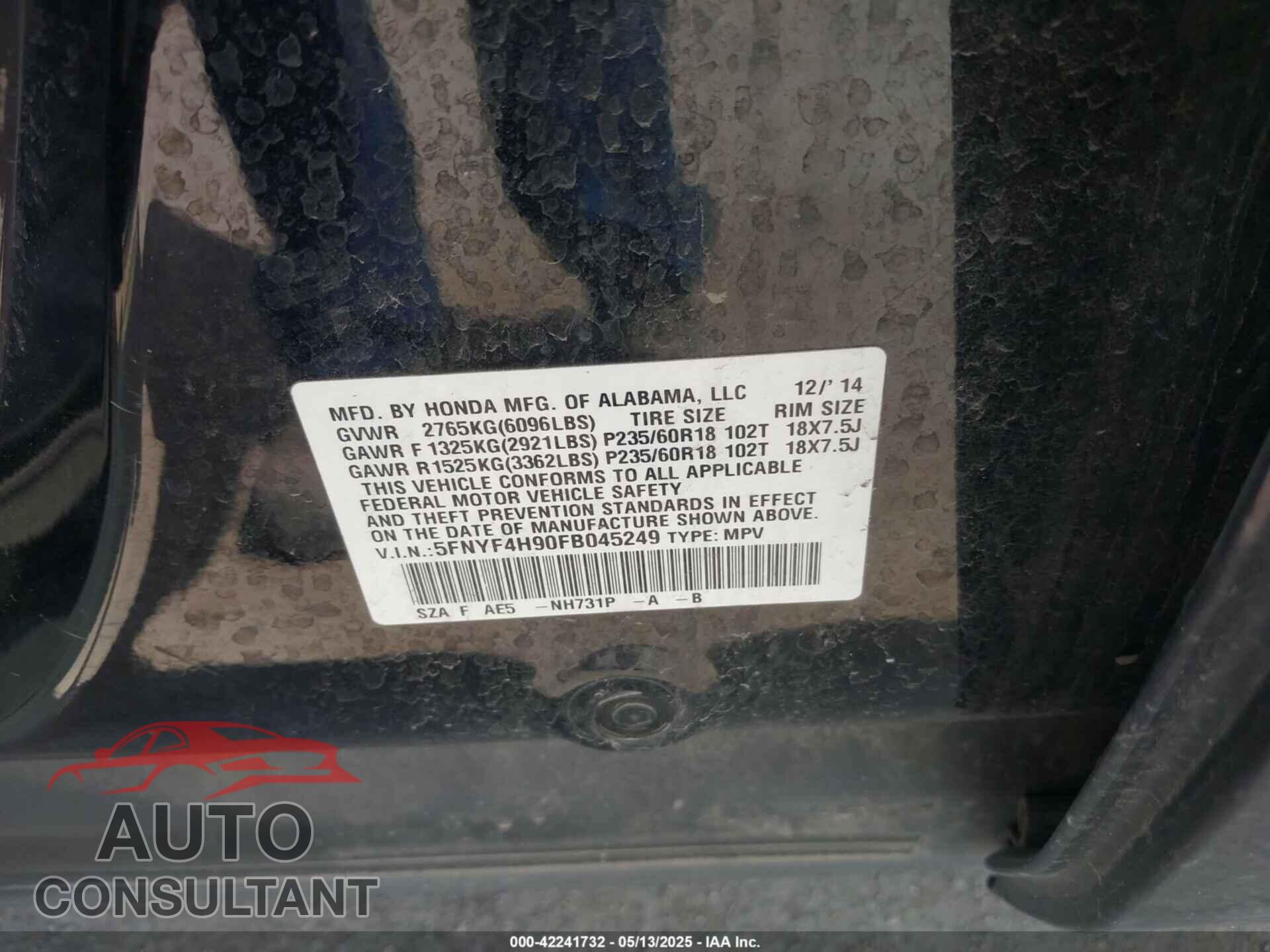 HONDA PILOT 2015 - 5FNYF4H90FB045249
