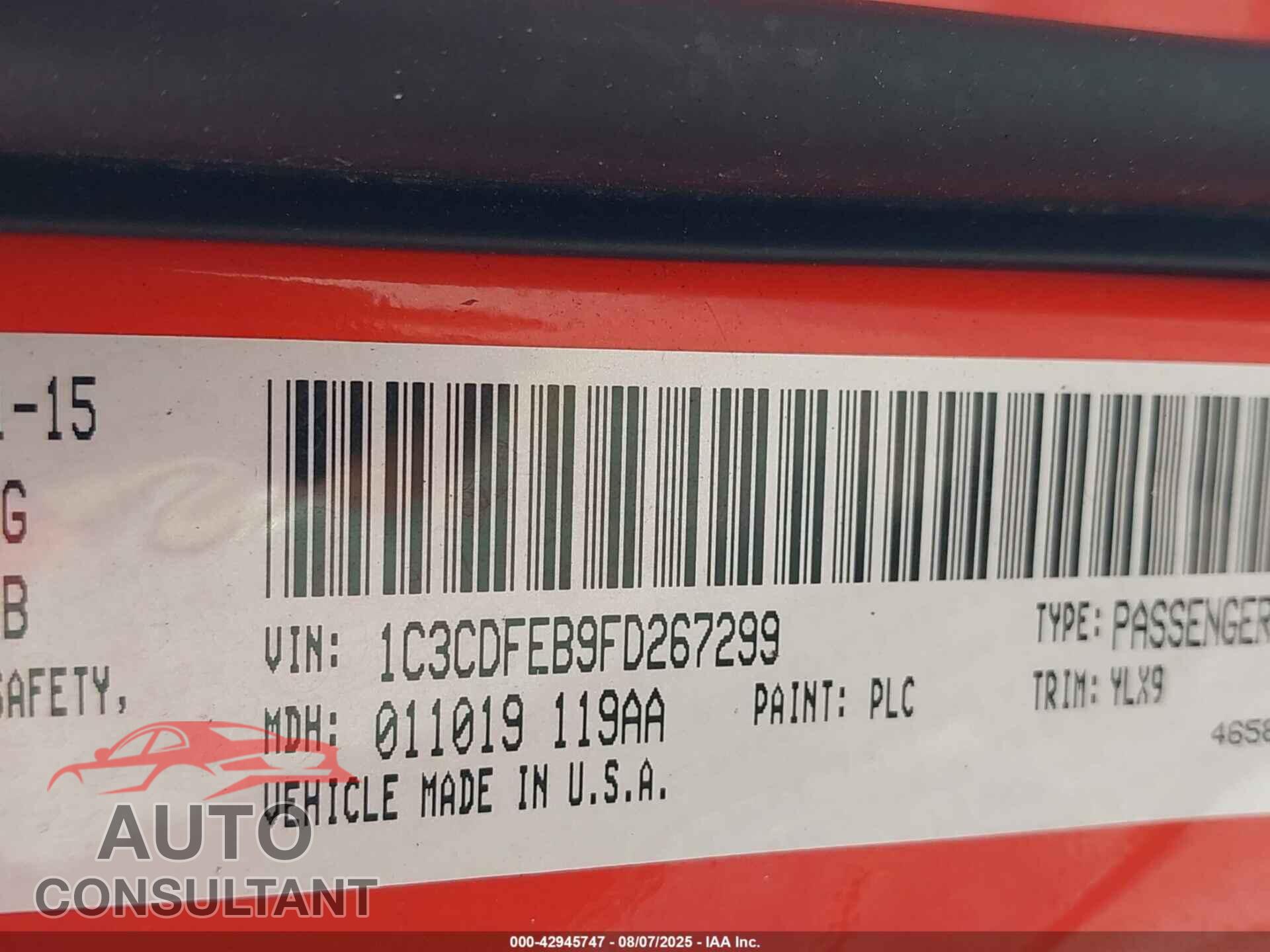 DODGE DART 2015 - 1C3CDFEB9FD267299