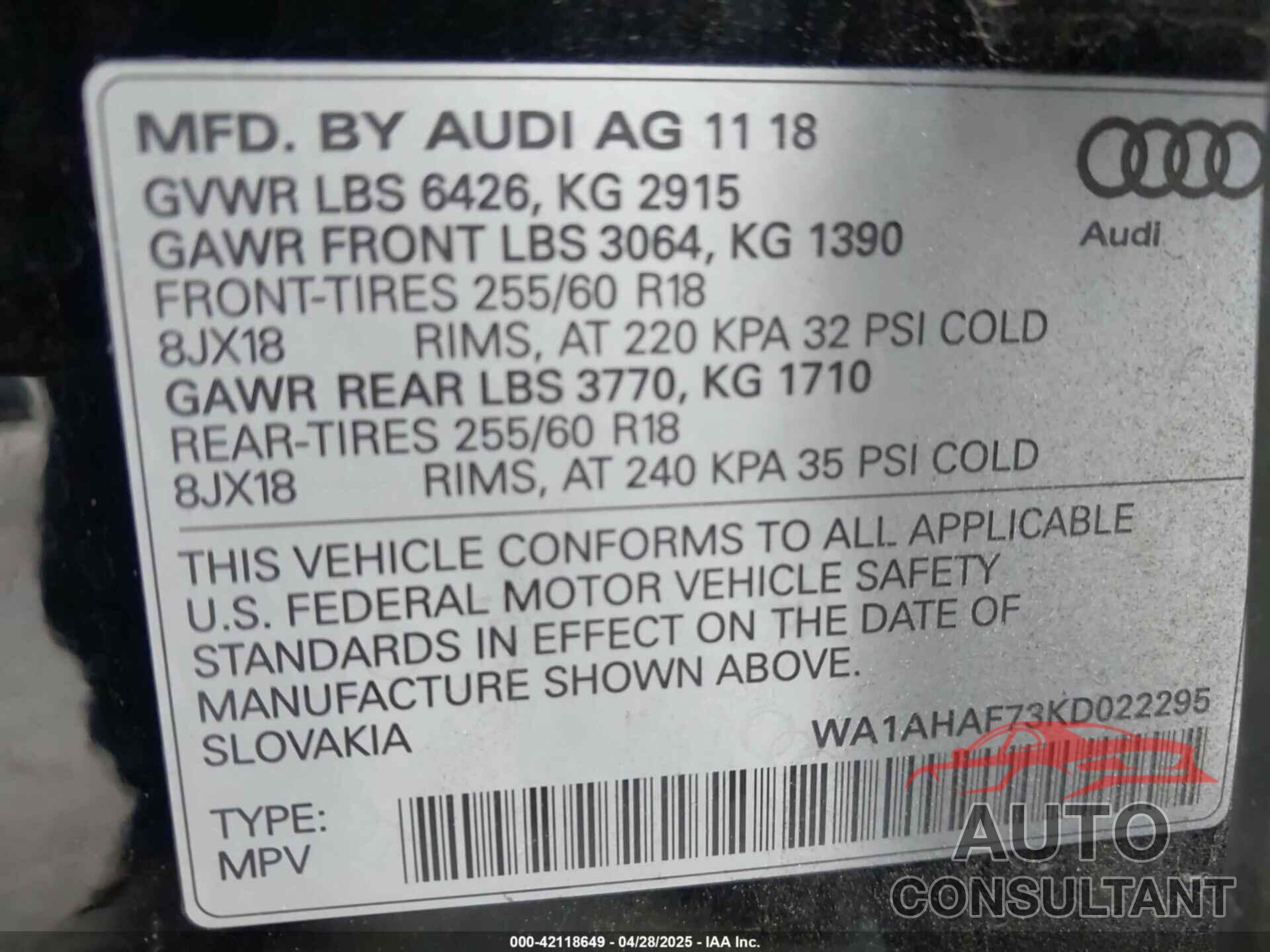 AUDI Q7 2019 - WA1AHAF73KD022295