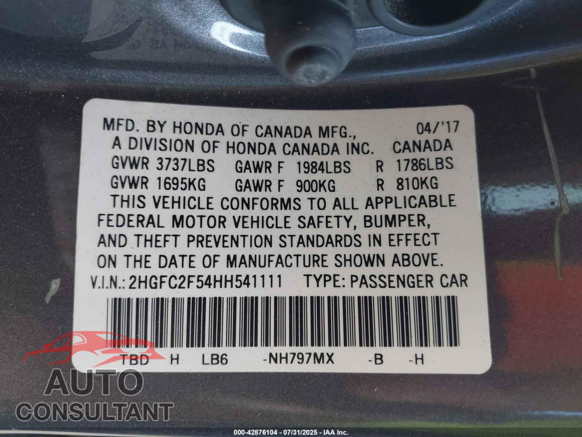 HONDA CIVIC 2017 - 2HGFC2F54HH541111