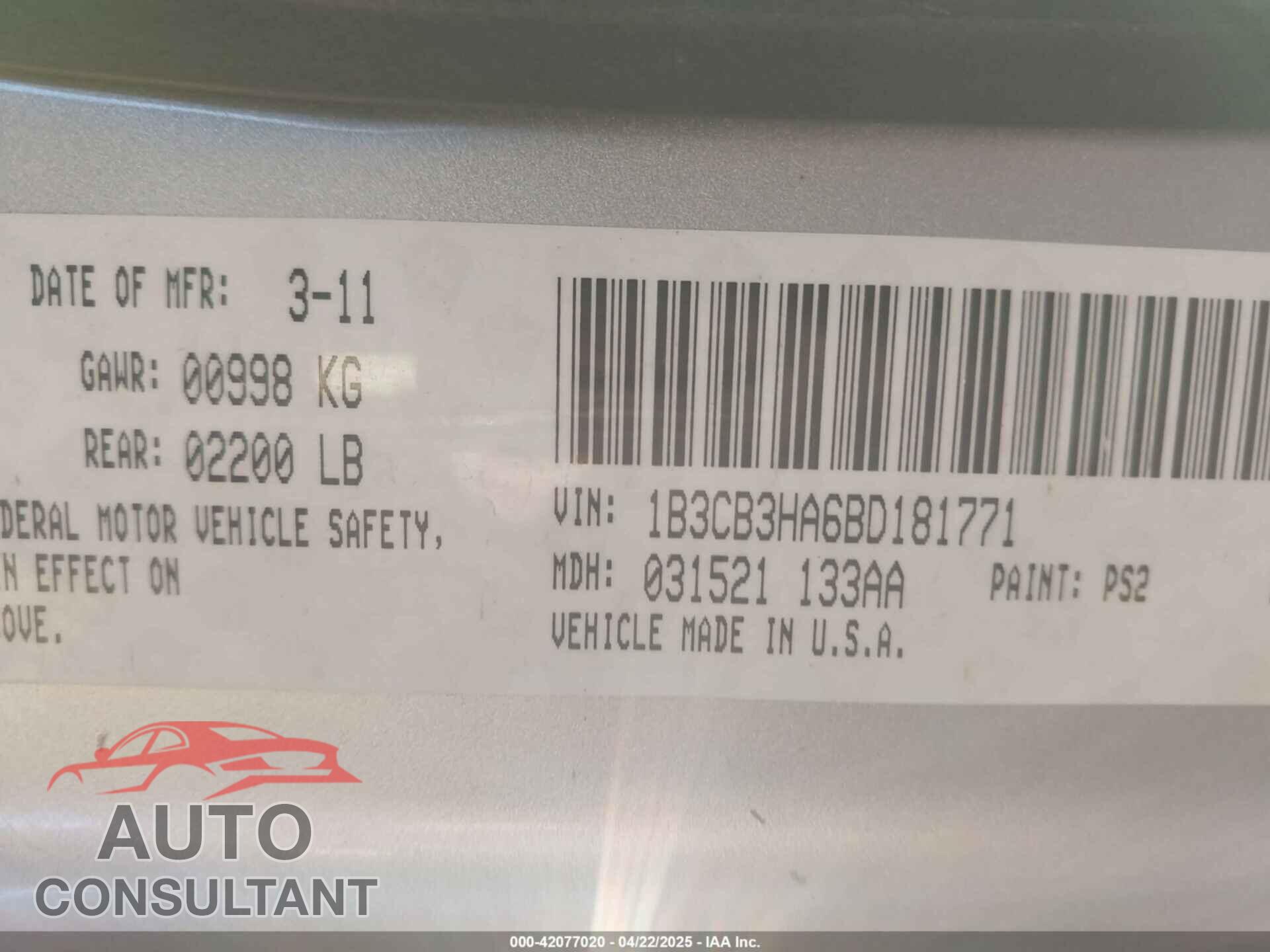 DODGE CALIBER 2011 - 1B3CB3HA6BD181771