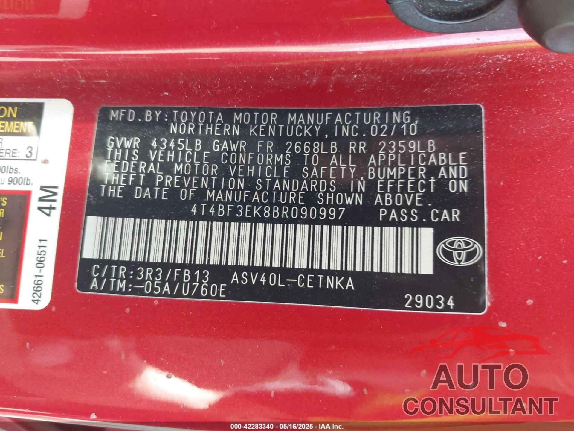 TOYOTA CAMRY 2011 - 4T4BF3EK8BR090997