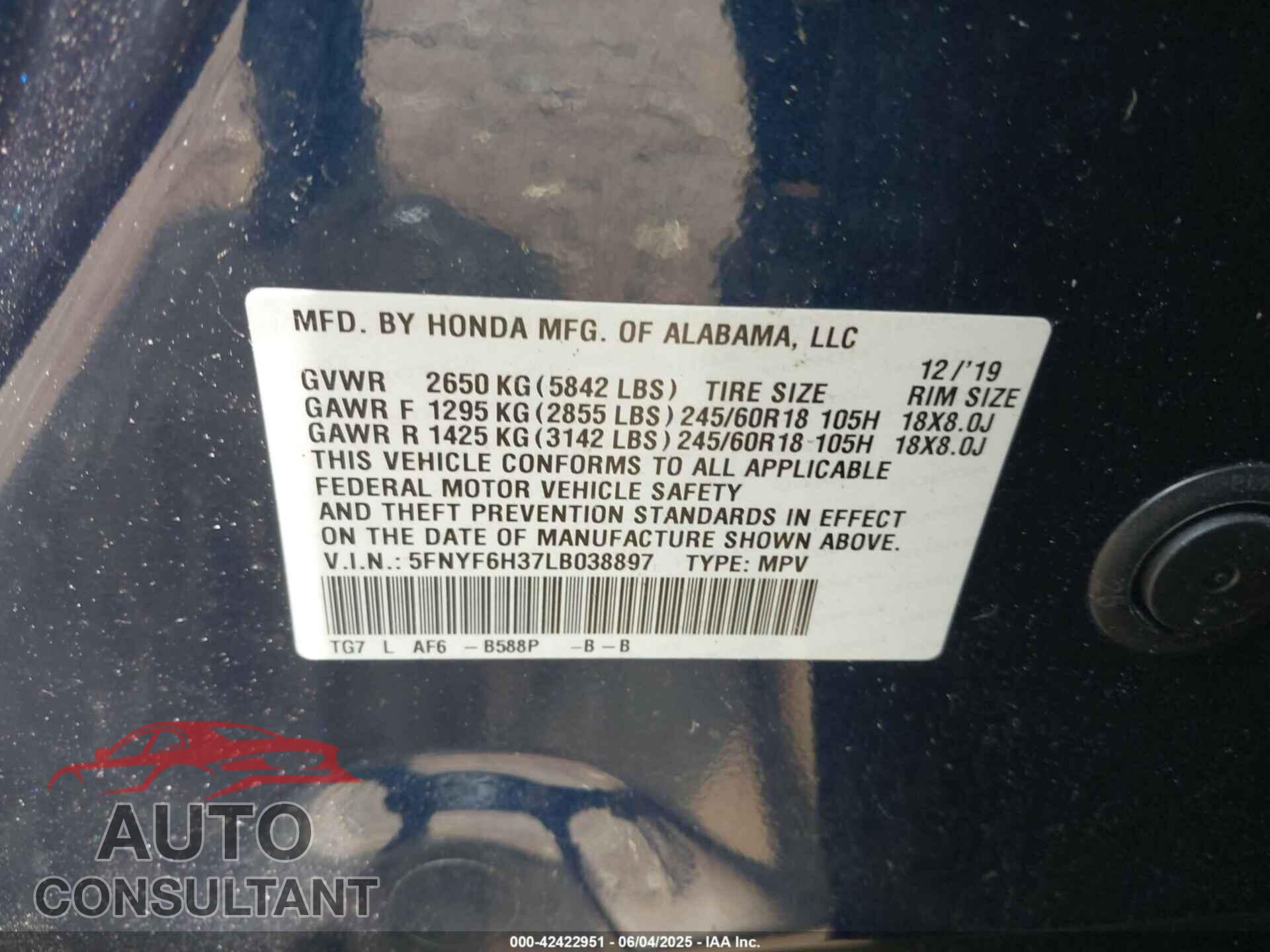 HONDA PILOT 2020 - 5FNYF6H37LB038897