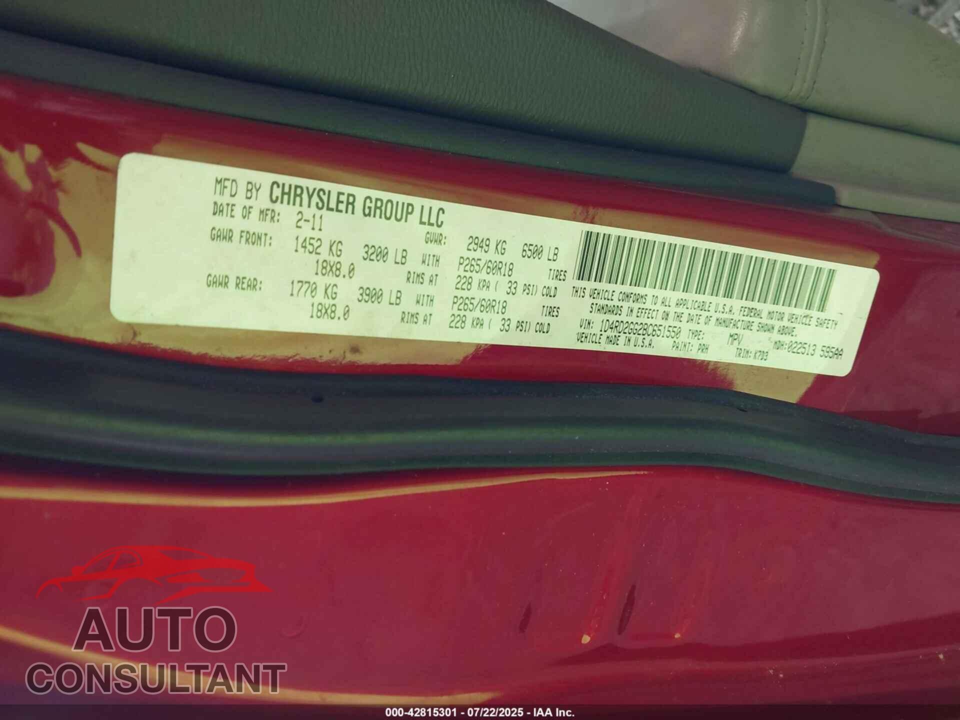 DODGE DURANGO 2011 - 1D4RD2GG2BC651550