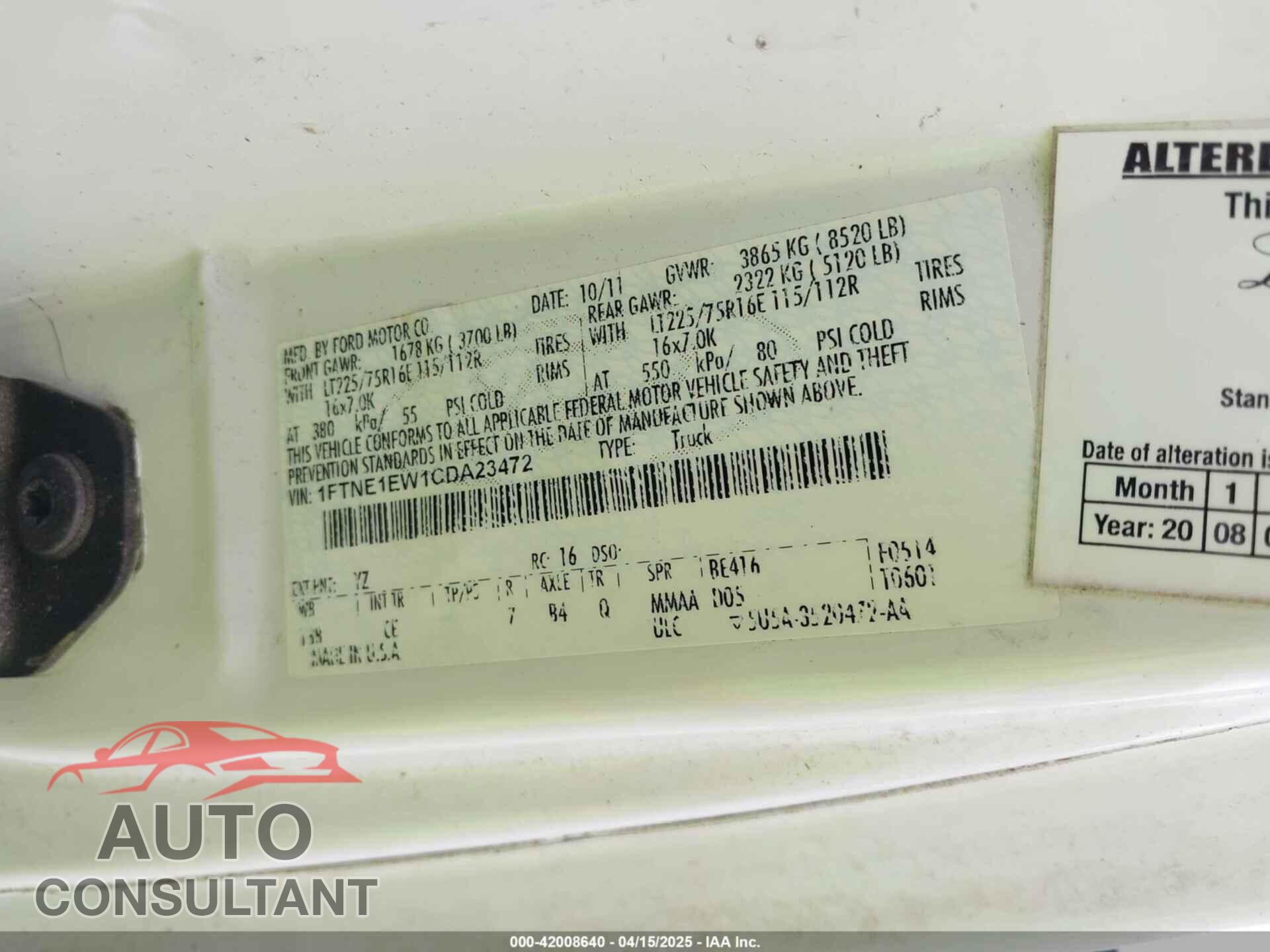 FORD E-150 2012 - 1FTNE1EW1CDA23472