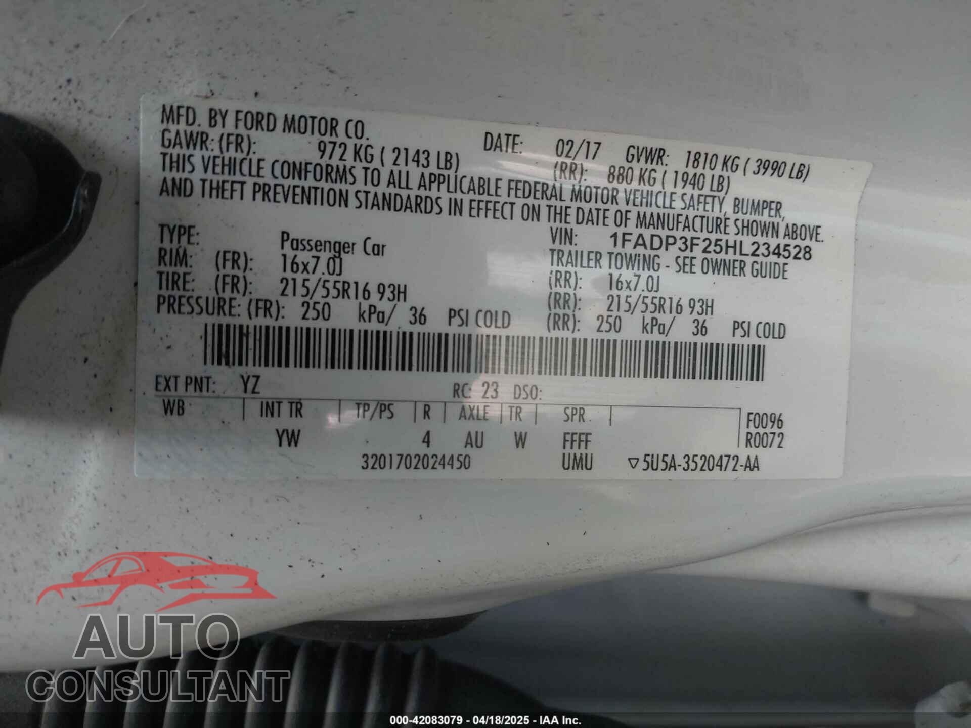 FORD FOCUS 2017 - 1FADP3F25HL234528