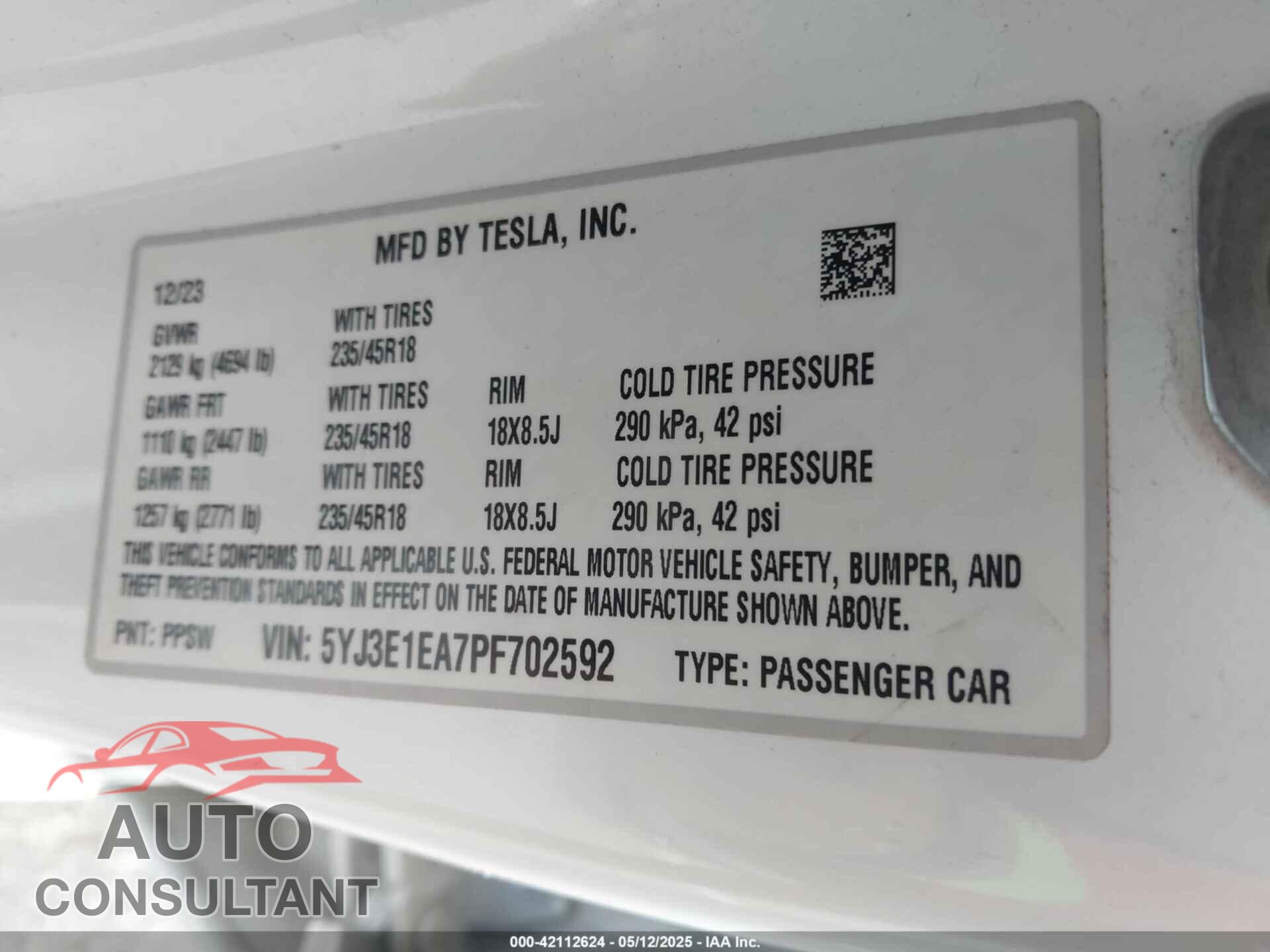 TESLA MODEL 3 2023 - 5YJ3E1EA7PF702592