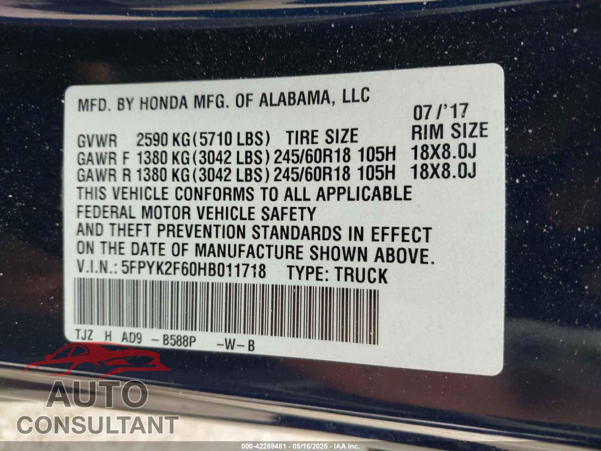 HONDA RIDGELINE 2017 - 5FPYK2F60HB011718