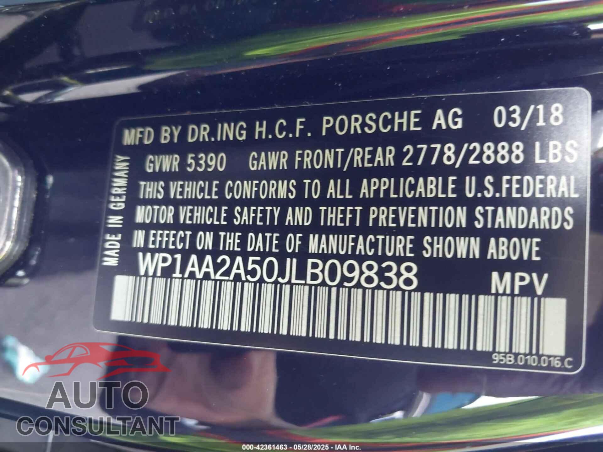 PORSCHE MACAN 2018 - WP1AA2A50JLB09838