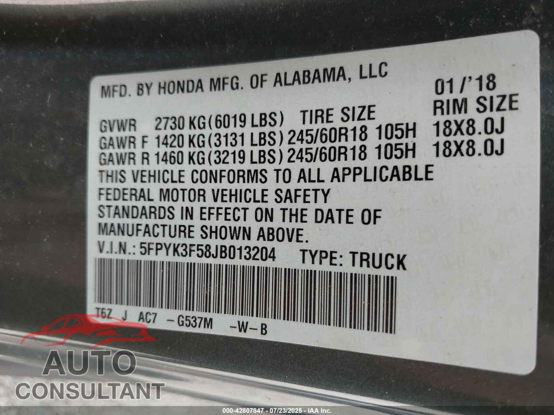 HONDA RIDGELINE 2018 - 5FPYK3F58JB013204