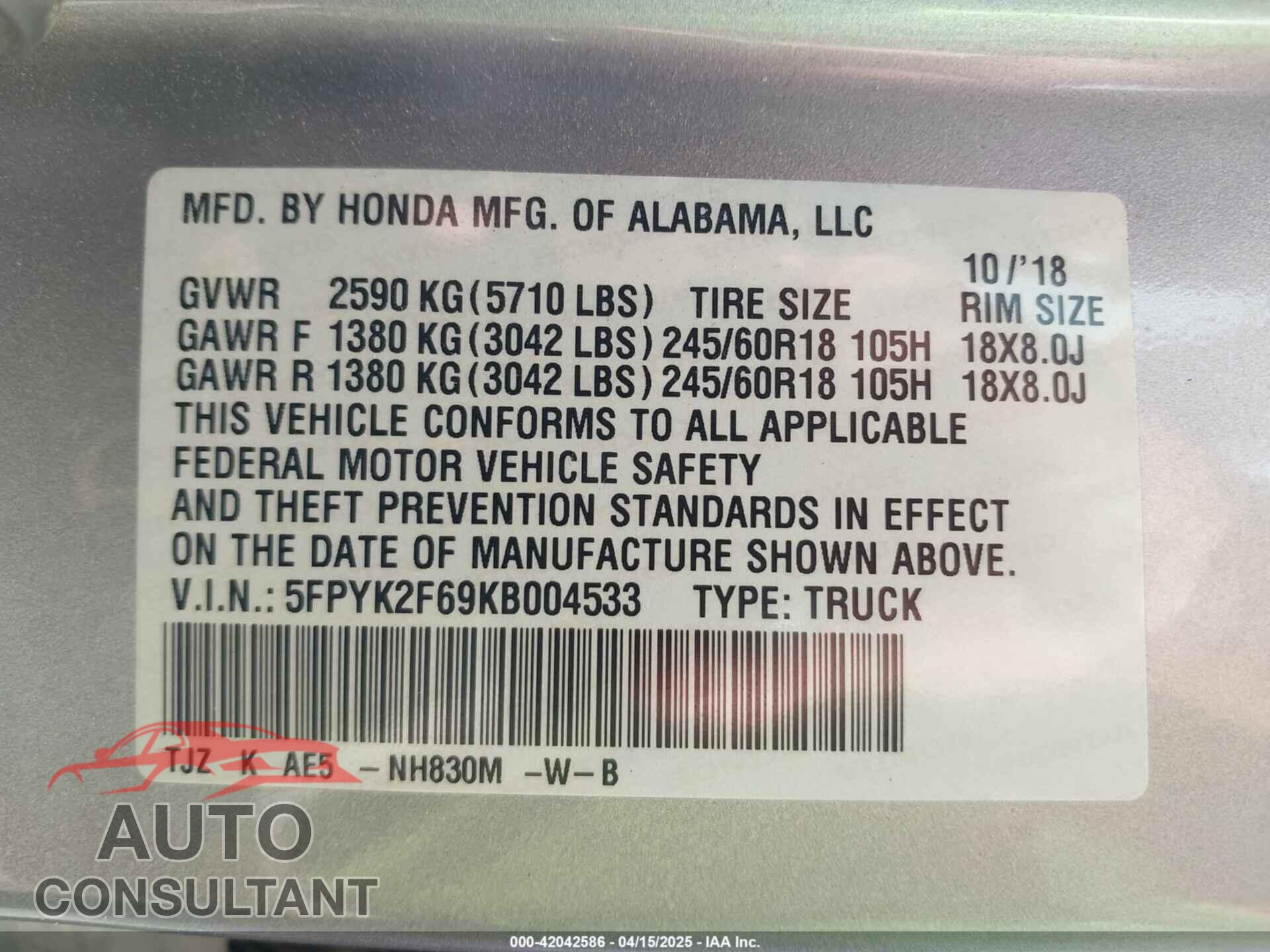 HONDA RIDGELINE 2019 - 5FPYK2F69KB004533